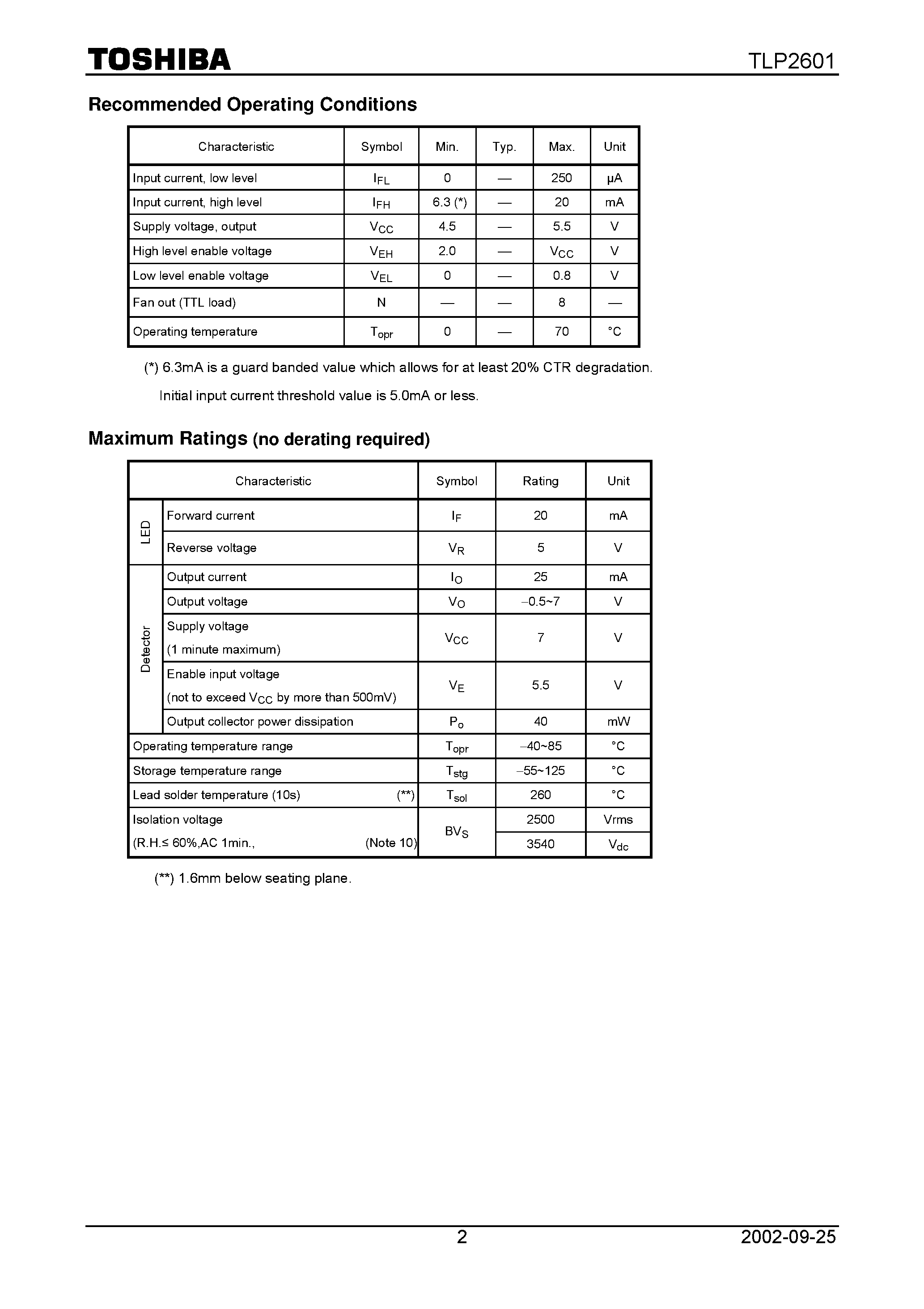 Даташит TLP2601 - TOSHIBA Photocoupler GaALAs Ired & Photo IC страница 2