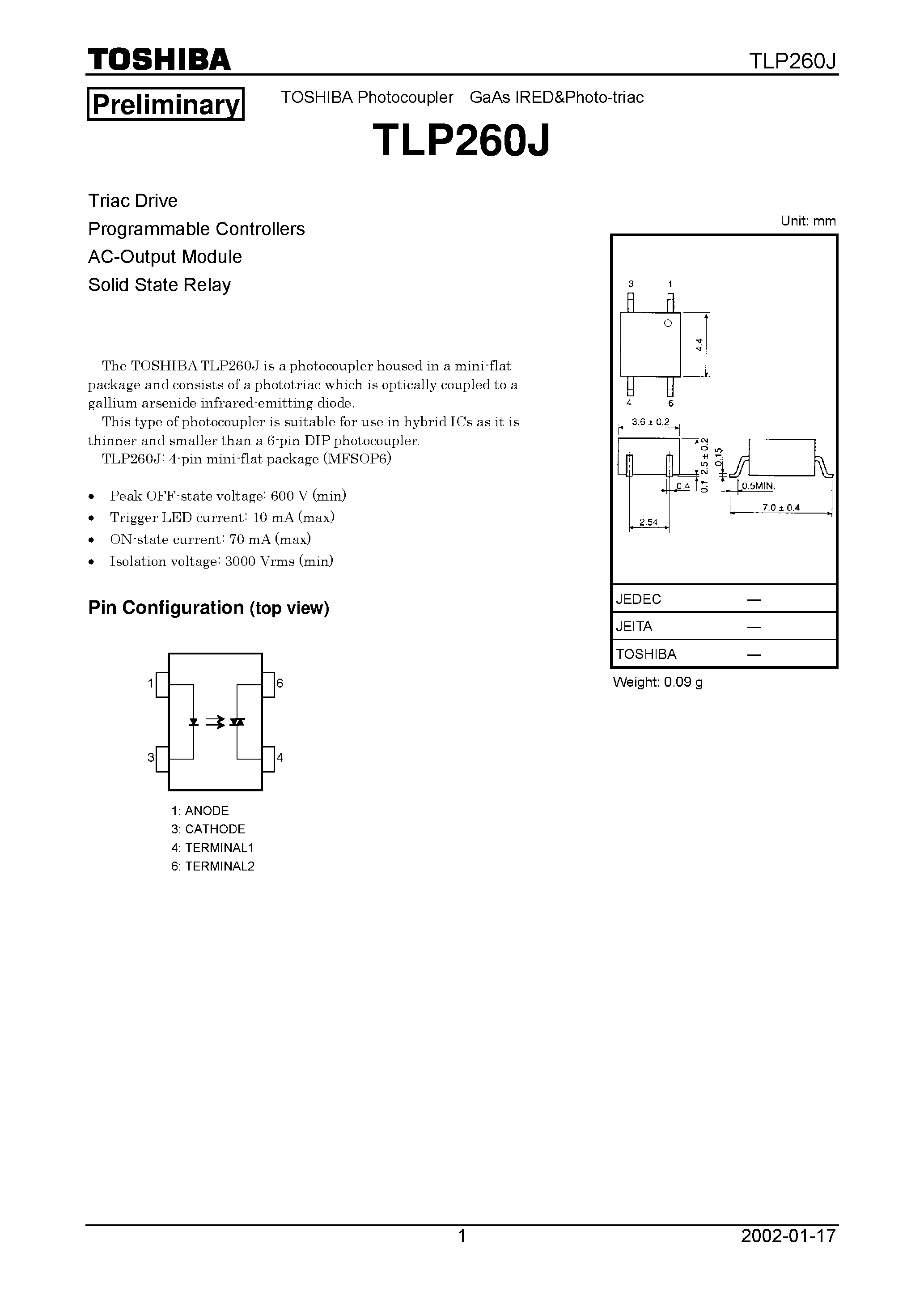 Datasheet TLP260J - TOSHIBA Photocoupler GaAs IRED&Photo triac page 1