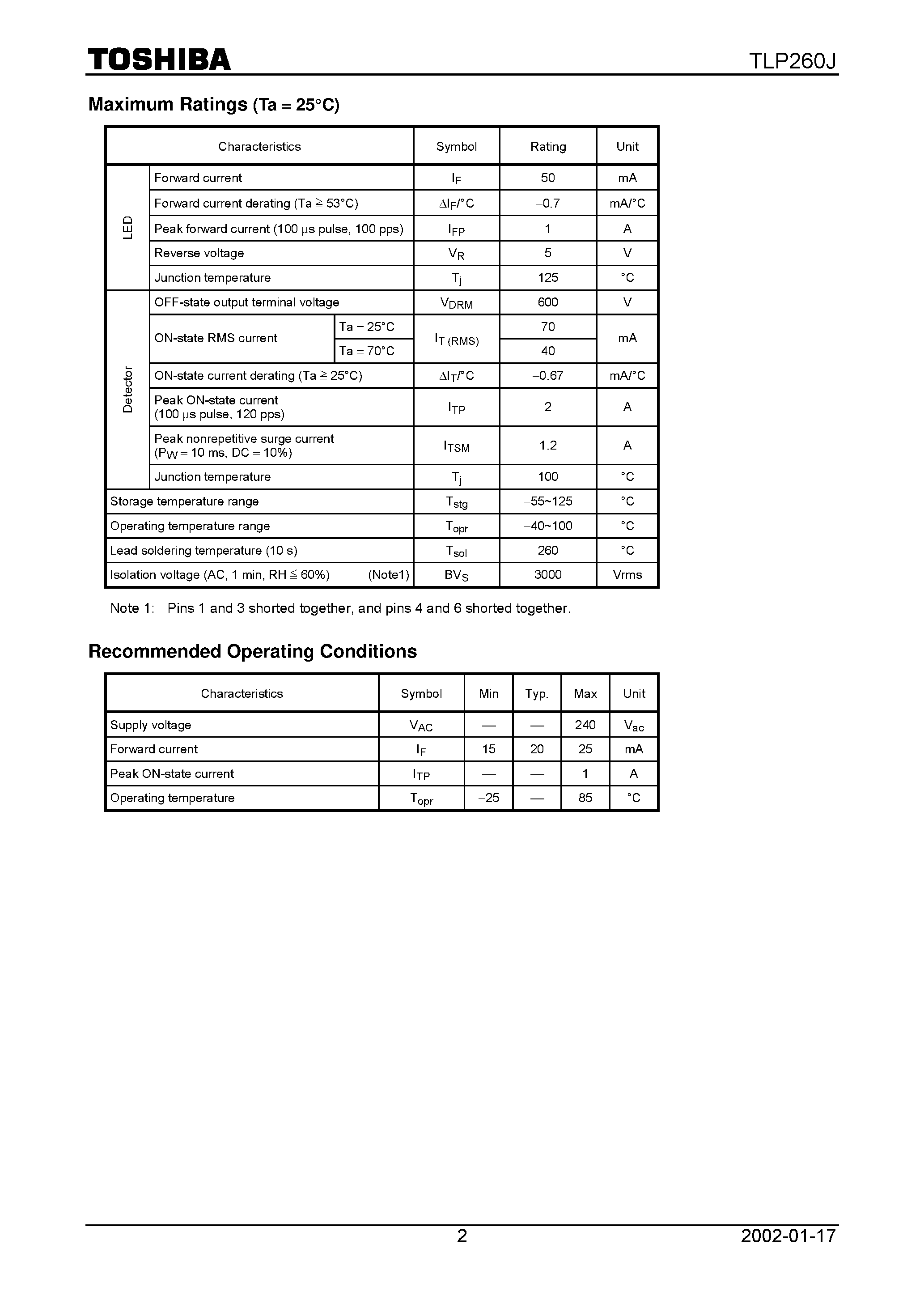 Datasheet TLP260J - TOSHIBA Photocoupler GaAs IRED&Photo triac page 2
