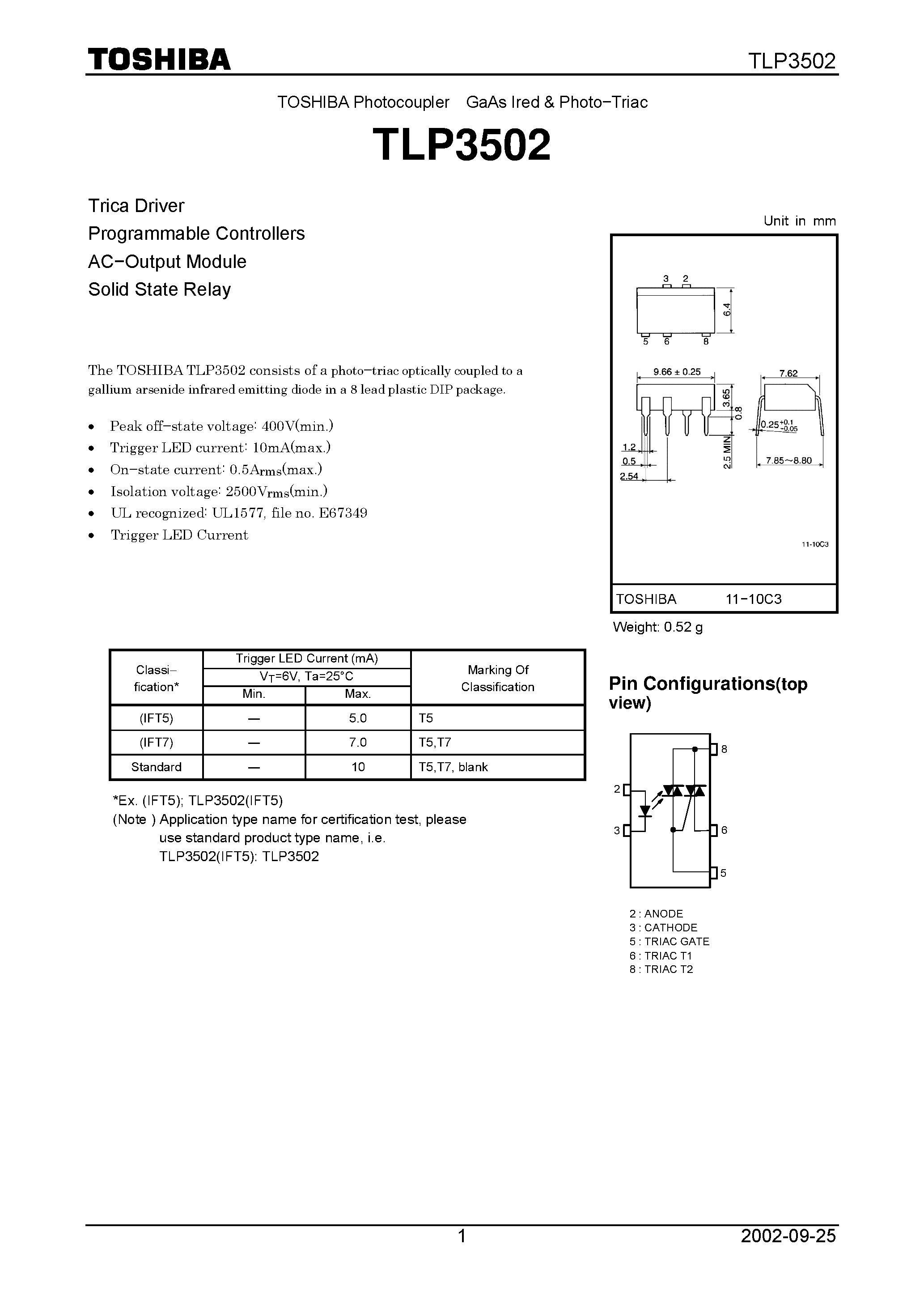 Datasheet TLP3502 page 1 Datasheet TLP3502 - TOSHIBA Photocoupler GaAs Ired & Photo Triac page 1