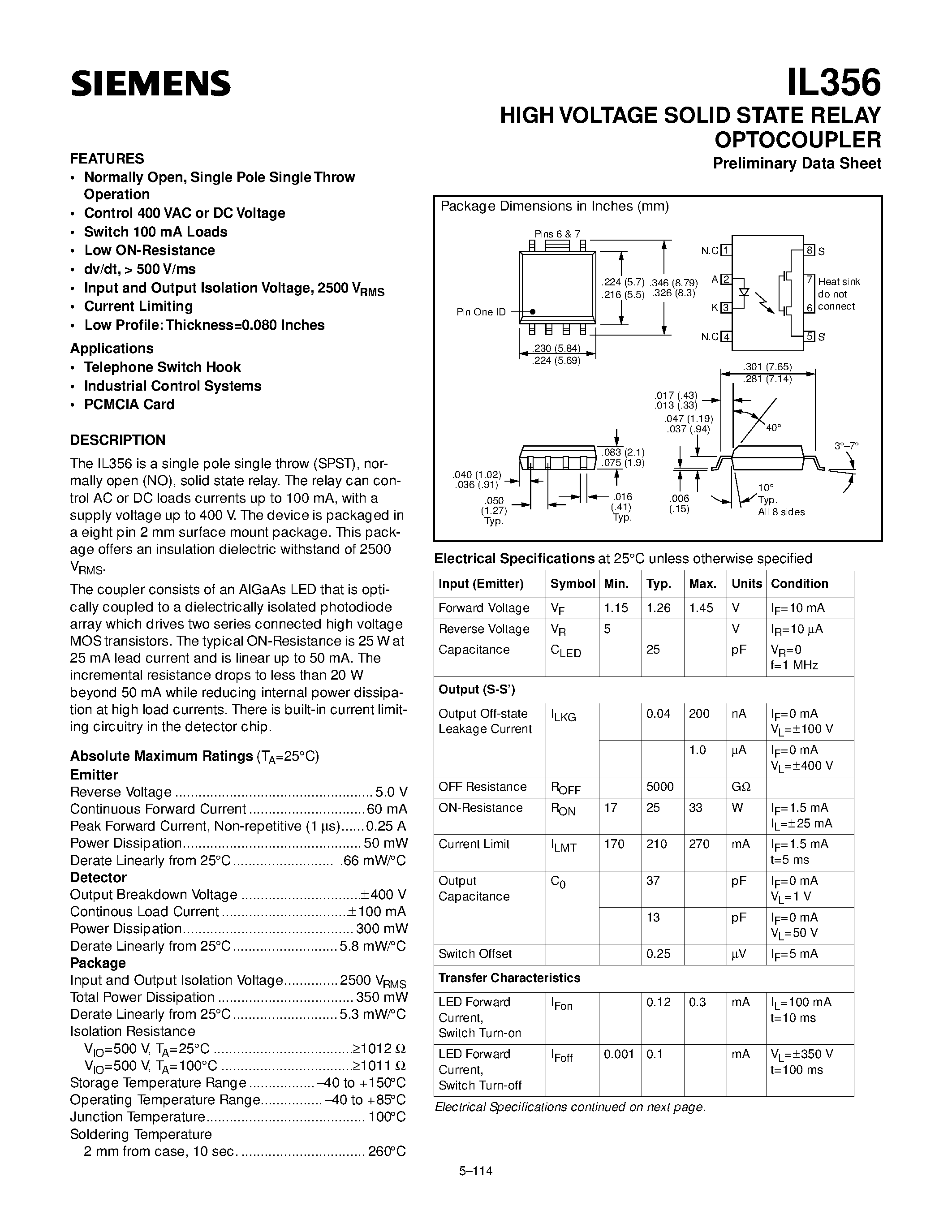 Datasheet IL356 page 1 Datasheet IL356 - HIGH VOLTAGE SOLID STATE RELA OPTOCOUPLER page 1