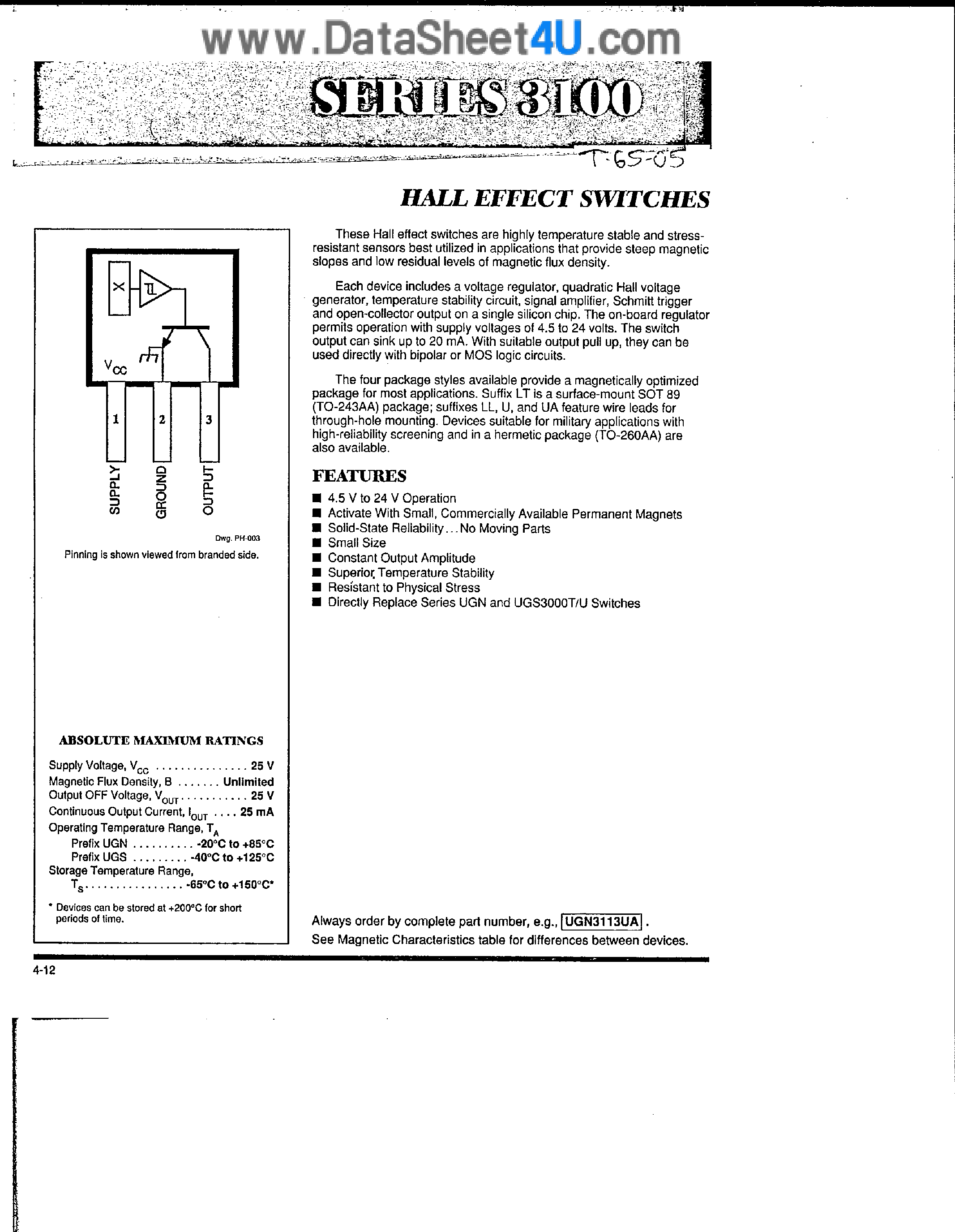 Datasheet UGN-3113 page 1 Datasheet UGN-3113 - (UGN3113 - UGN3130) Hall-Effect Switch page 1