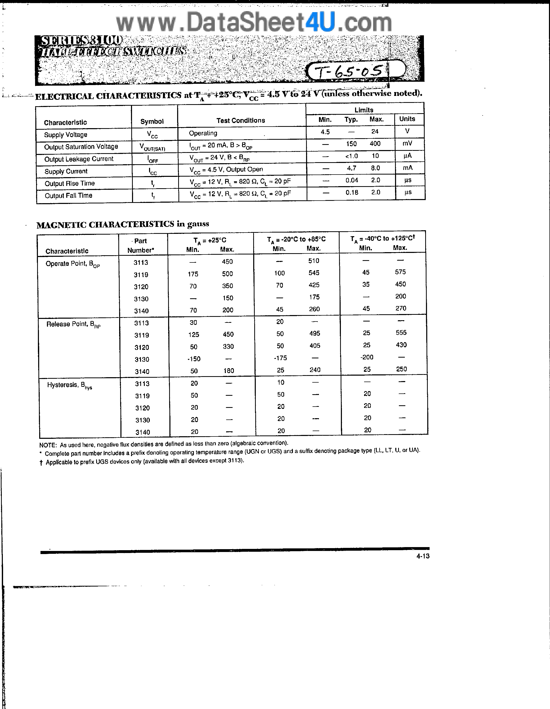 Datasheet UGN-3113 page 2 Datasheet UGN-3113 - (UGN3113 - UGN3130) Hall-Effect Switch page 2