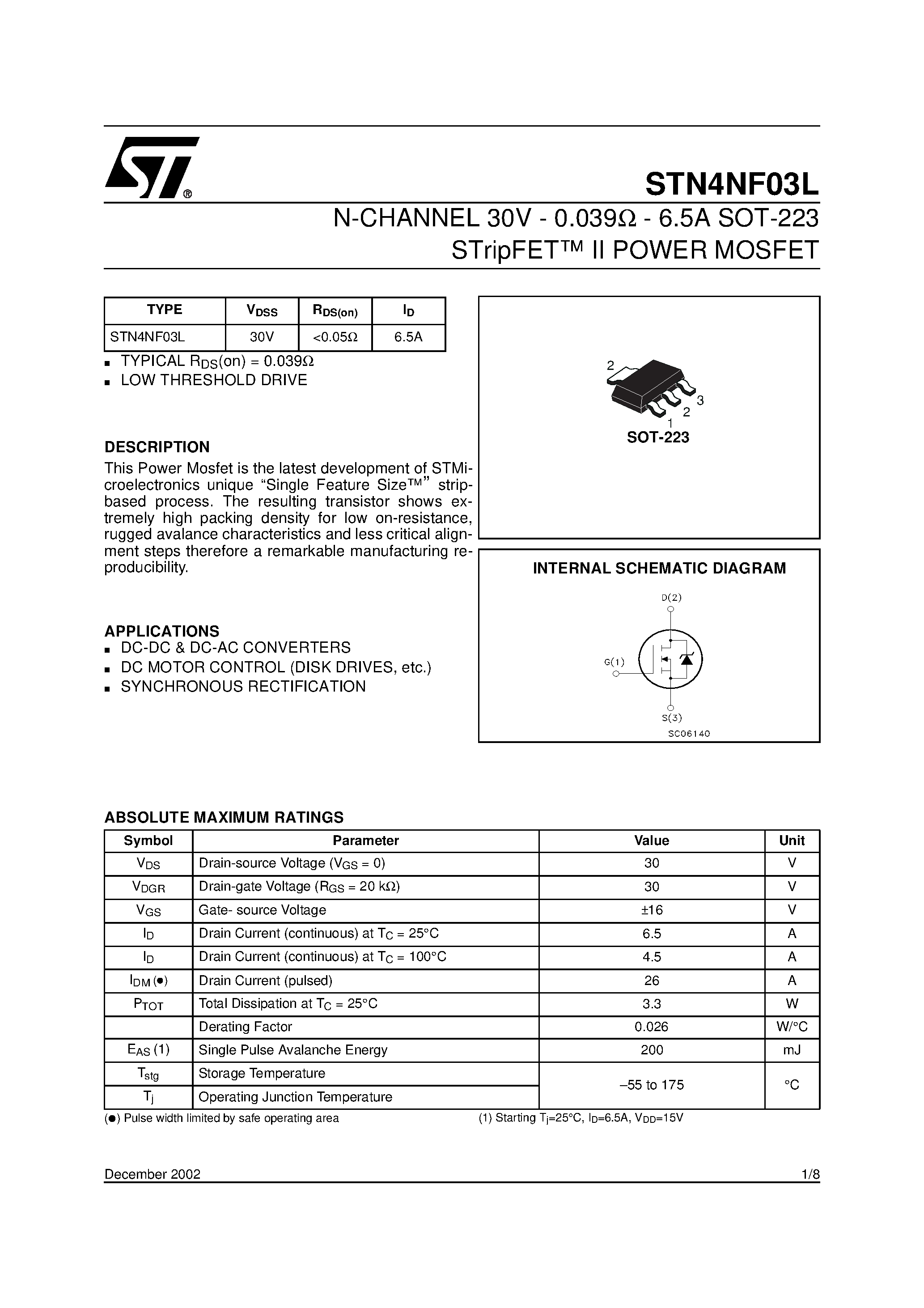 Datasheet STN4NF03L - N-CHANNEL POWER MOSFET page 1
