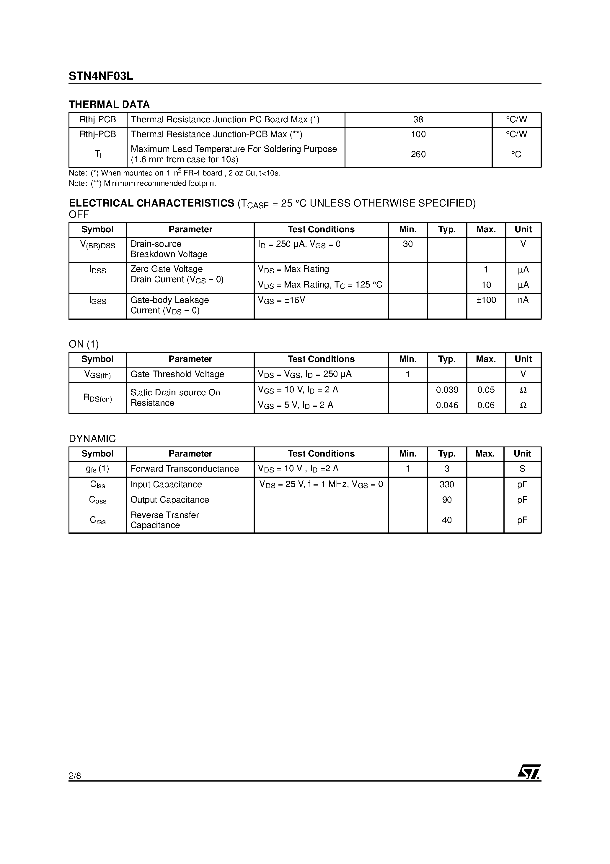 Datasheet STN4NF03L - N-CHANNEL POWER MOSFET page 2