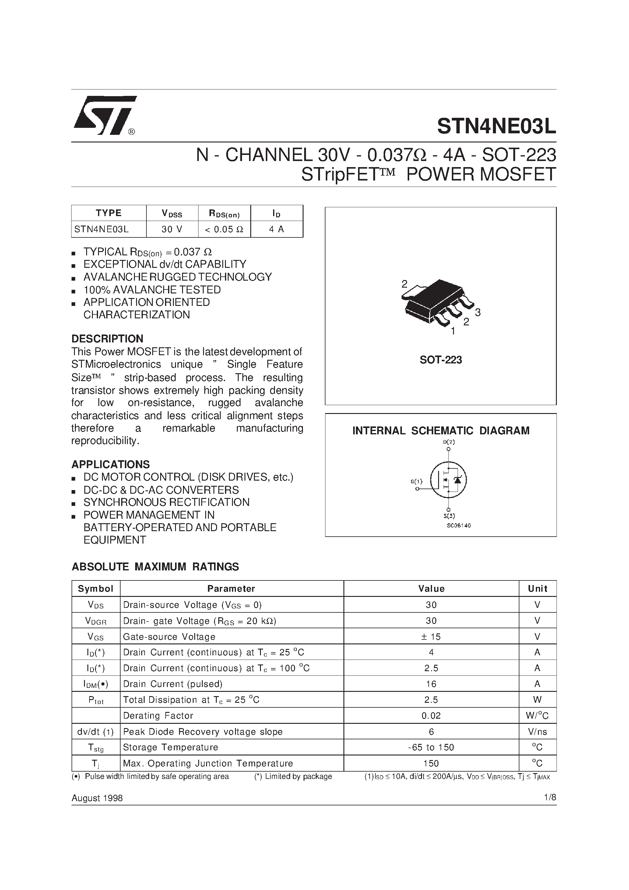 Datasheet STN4NE03L - N-CHANNEL POWER MOSFET page 1