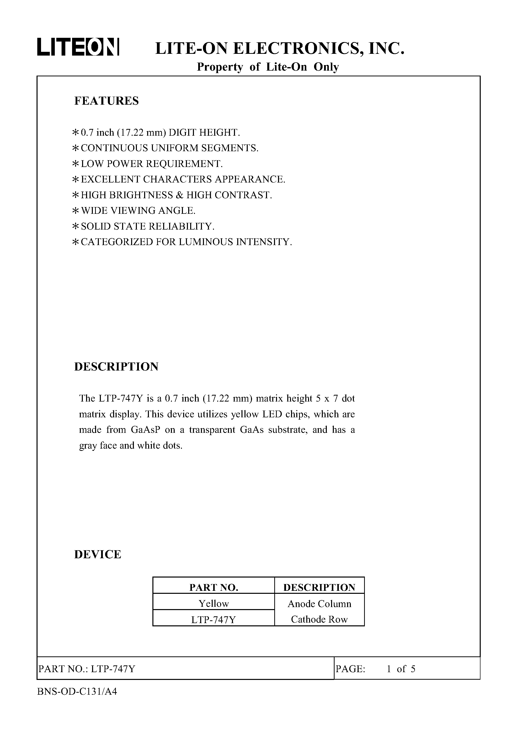 Datasheet LTP-747Y page 1 Datasheet LTP-747Y - 5 X 7 DOT MATRIX LED DISPLAY page 1