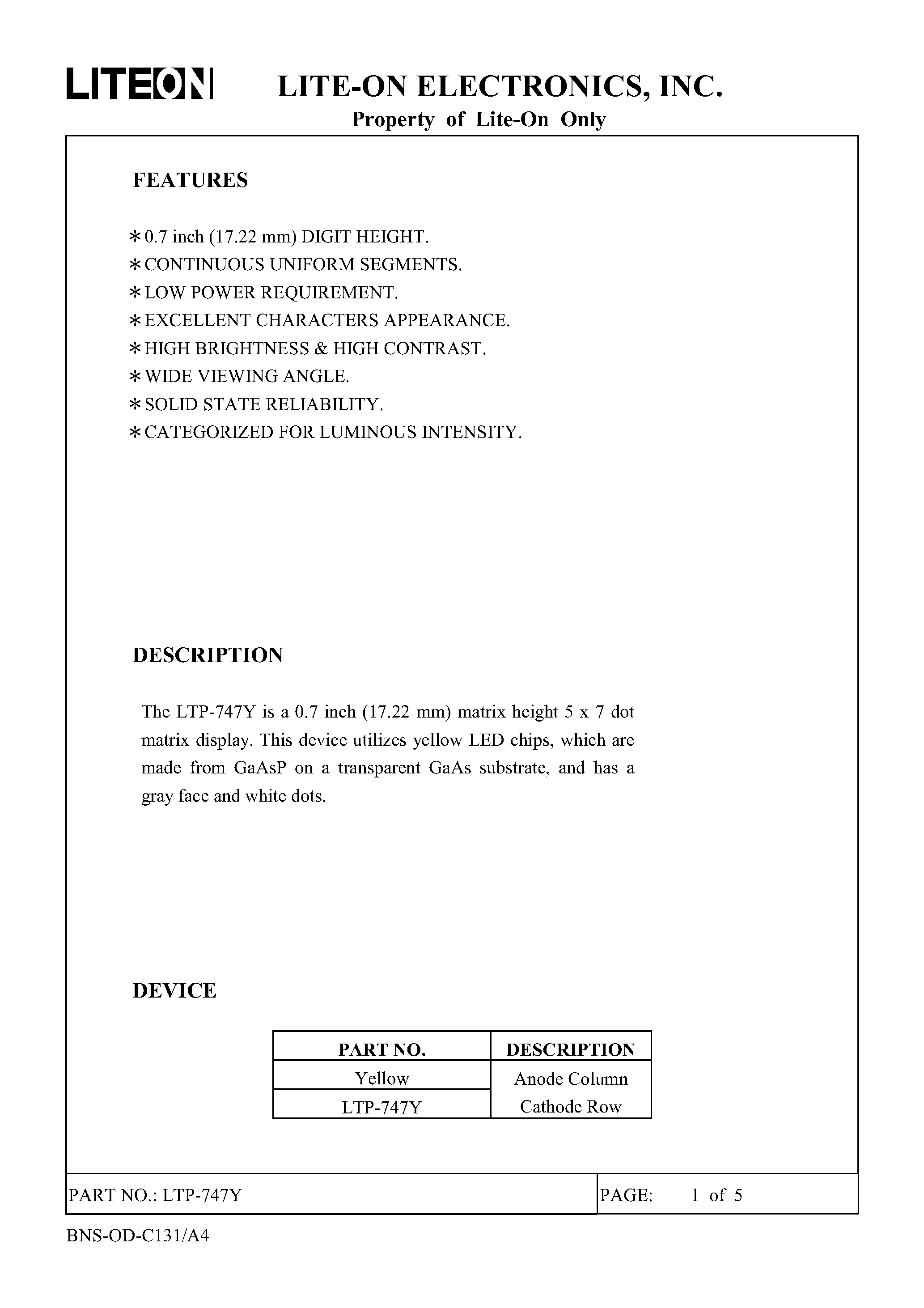 Datasheet LTP-747Y - 5 X 7 DOT MATRIX LED DISPLAY page 1