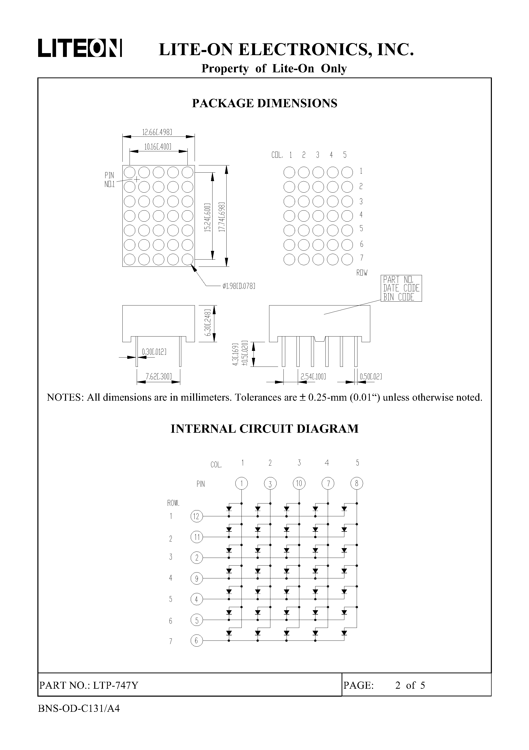 Datasheet LTP-747Y page 2 Datasheet LTP-747Y - 5 X 7 DOT MATRIX LED DISPLAY page 2