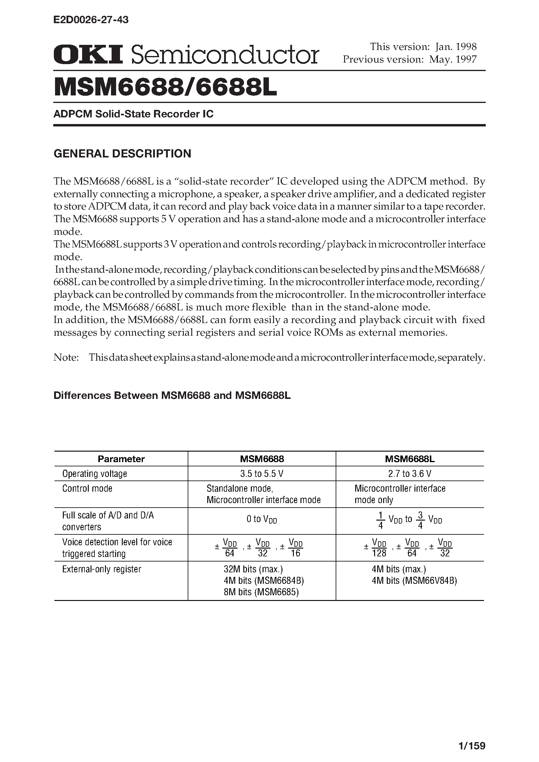 Даташит на микросхему MSM6688 страница 1 Даташит MSM6688 - ADPCM Solid-State Recorder IC страница 1