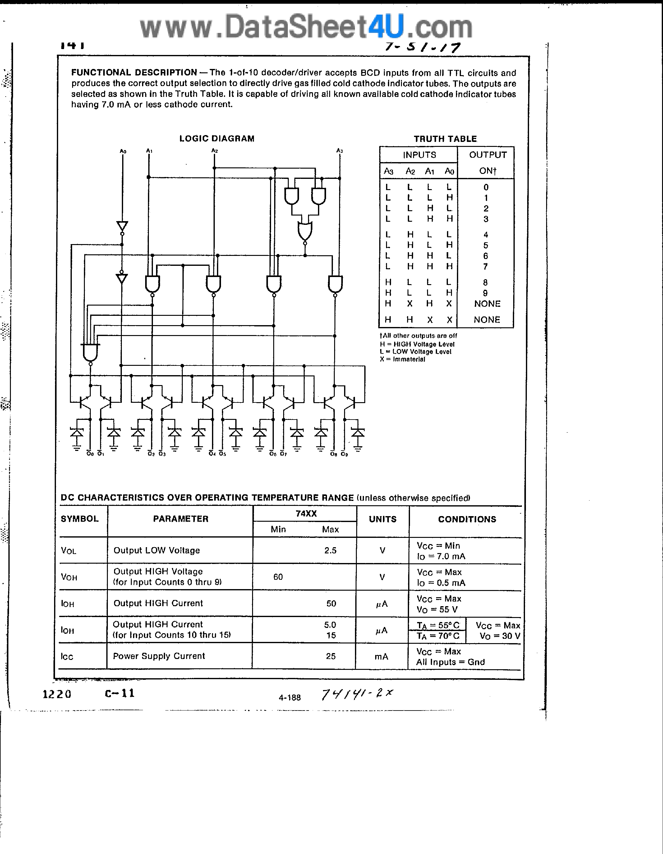 Datasheet 74141 - 1-of-10 Decoder / Driver page 2