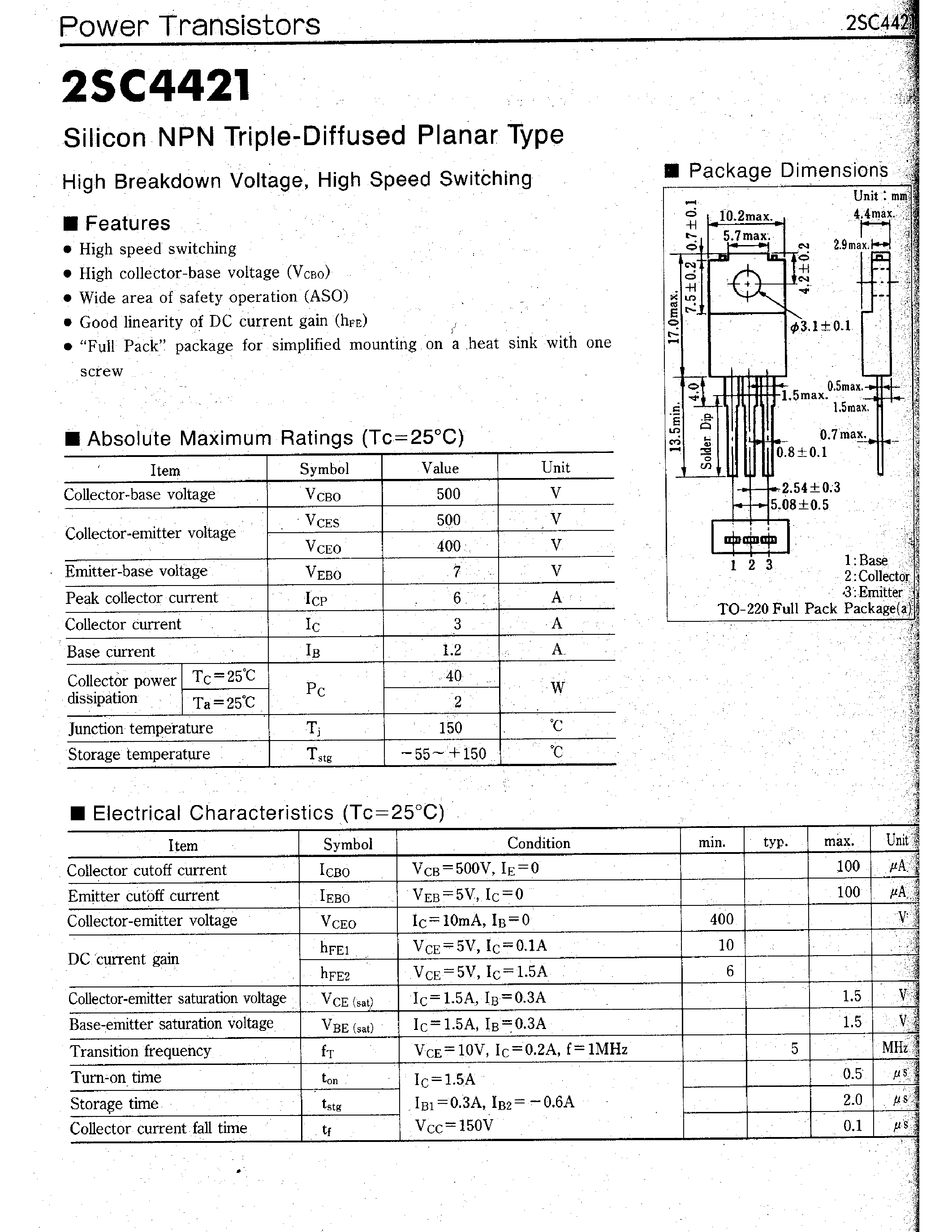Datasheet 2SC4421 - Silicon NPN Triple Diffused Planar Type page 1