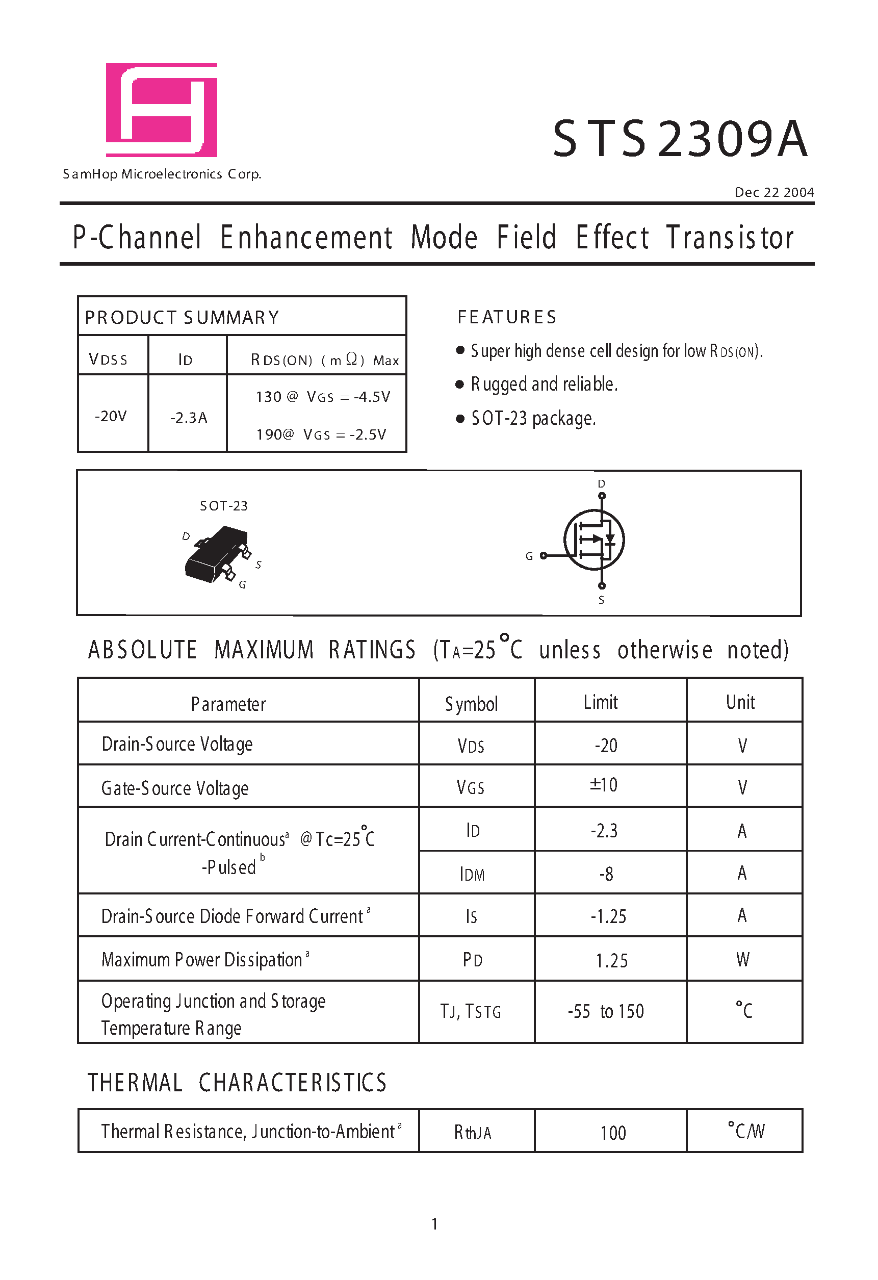 Datasheet STS2309A - P -Channel Enhancement Mode Field Effect Transistor page 1
