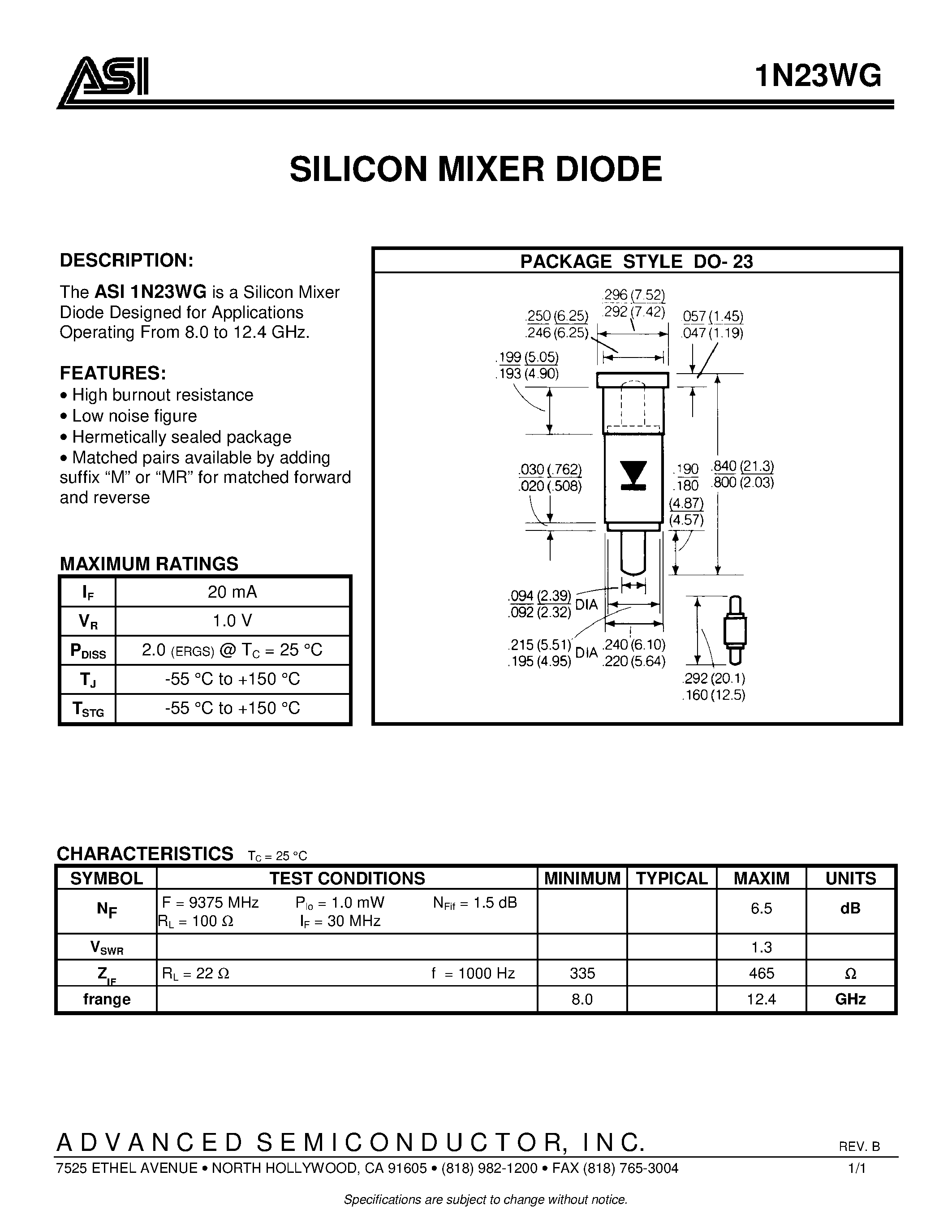 Даташит 1N23WG - SILICON MIXER DIODE страница 1