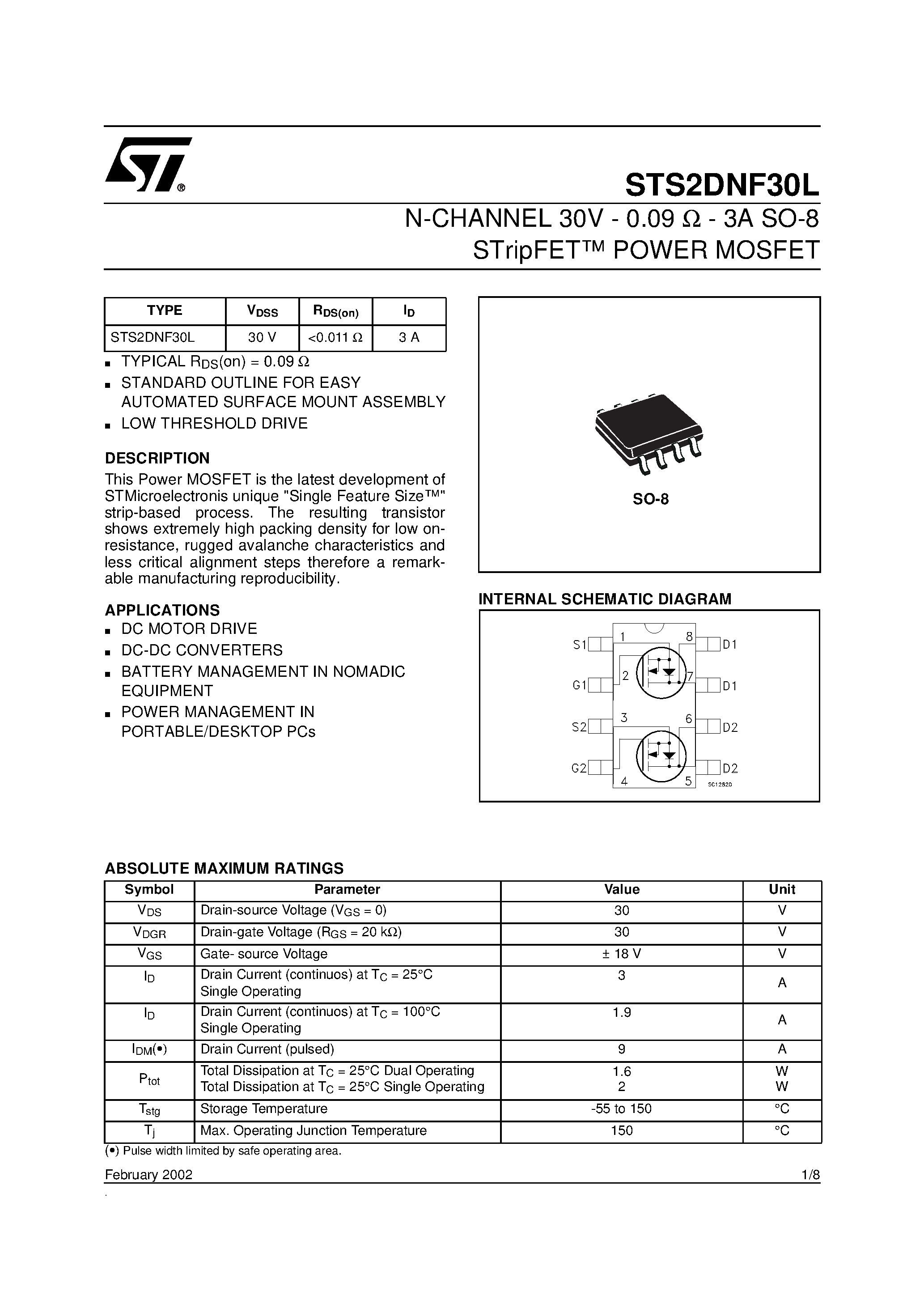 Даташит STS2DNF30L - N-CHANNEL POWER MOSFET страница 1