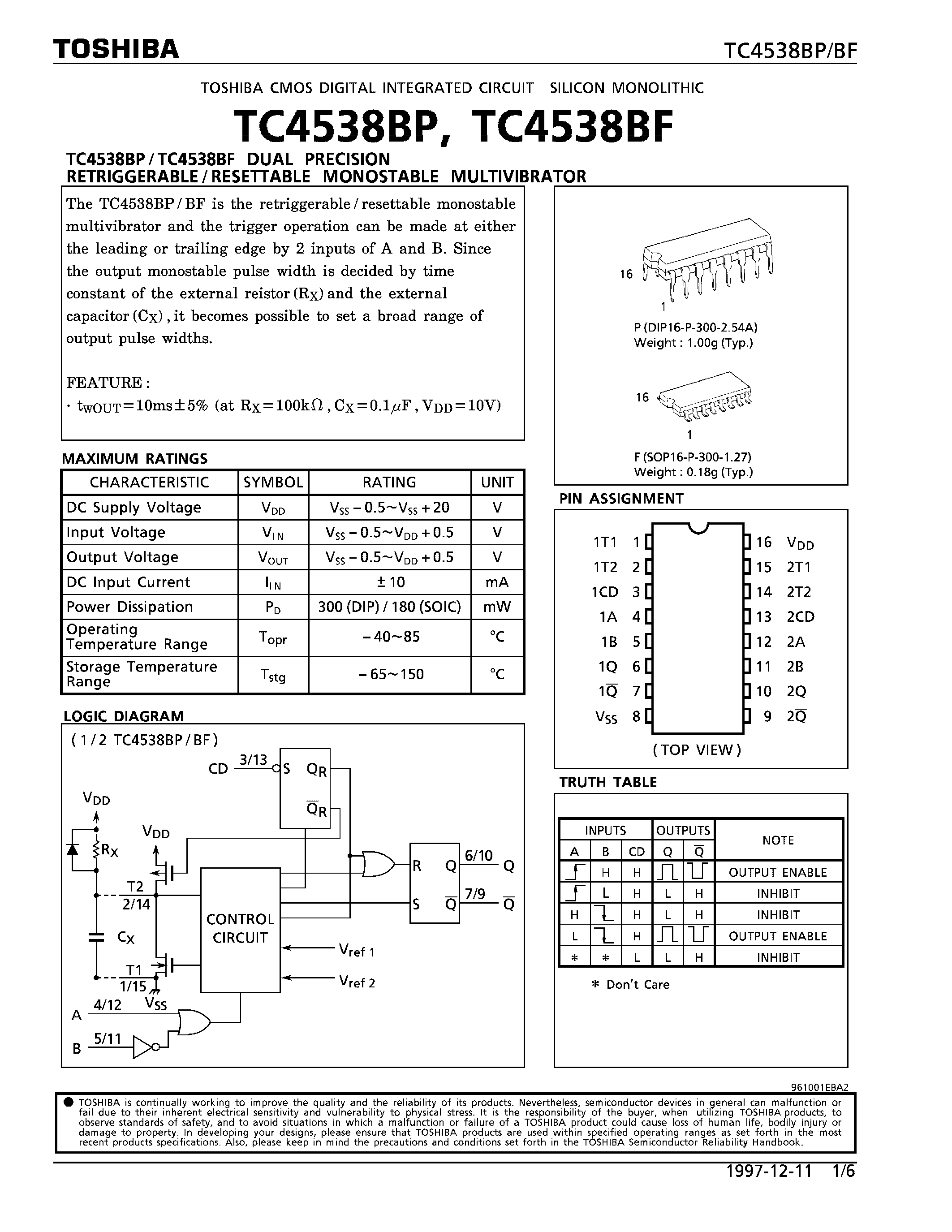 Даташит на микросхему TC4538BF страница 1 Даташит TC4538BF - DUAL PRECISION RETRIGGERABLE/RESETTABLE MONOSTABLE MULTIVIBRATOR страница 1