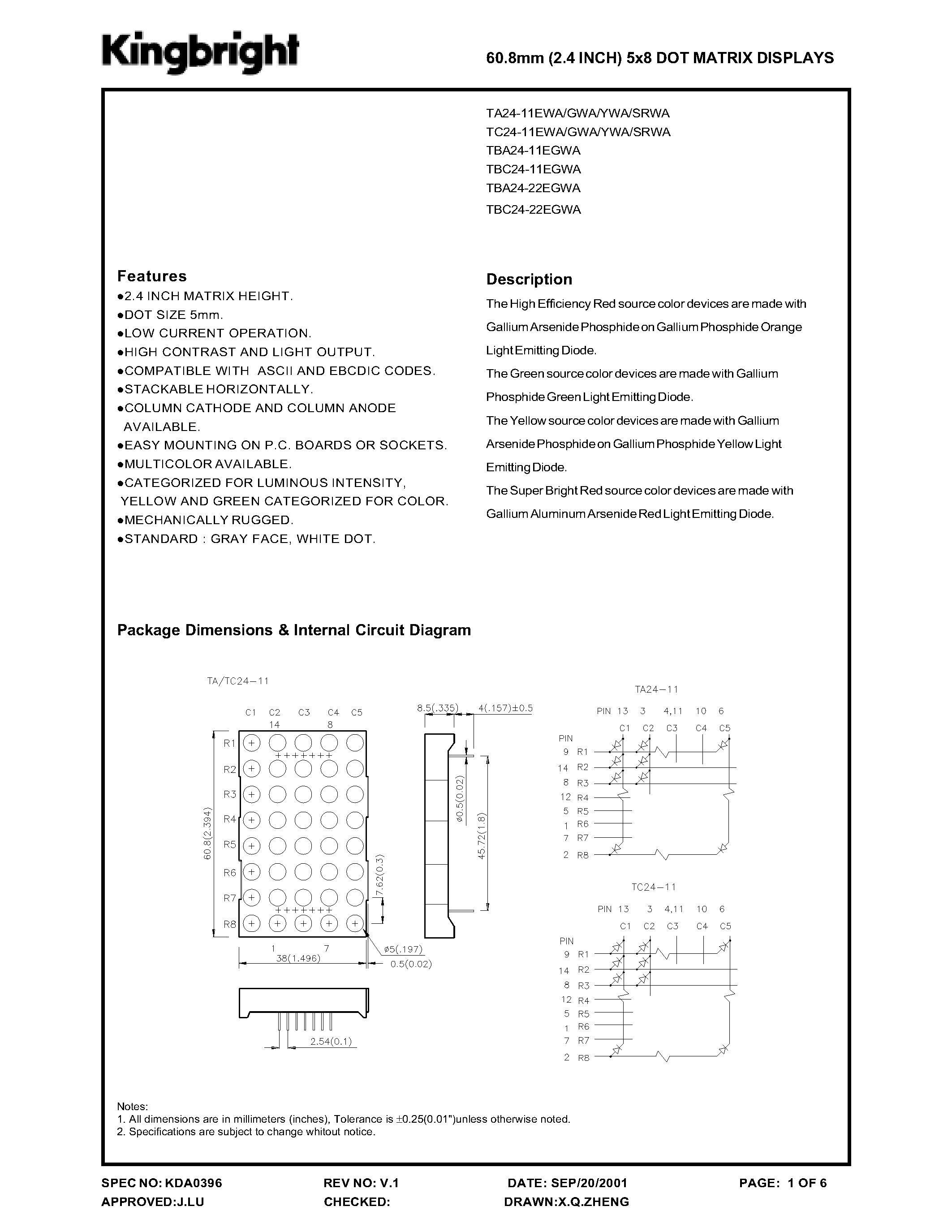 Даташит TA24-11 - 60.8 MM 5 X 8 DOT MATRIX DISPLAYS страница 1