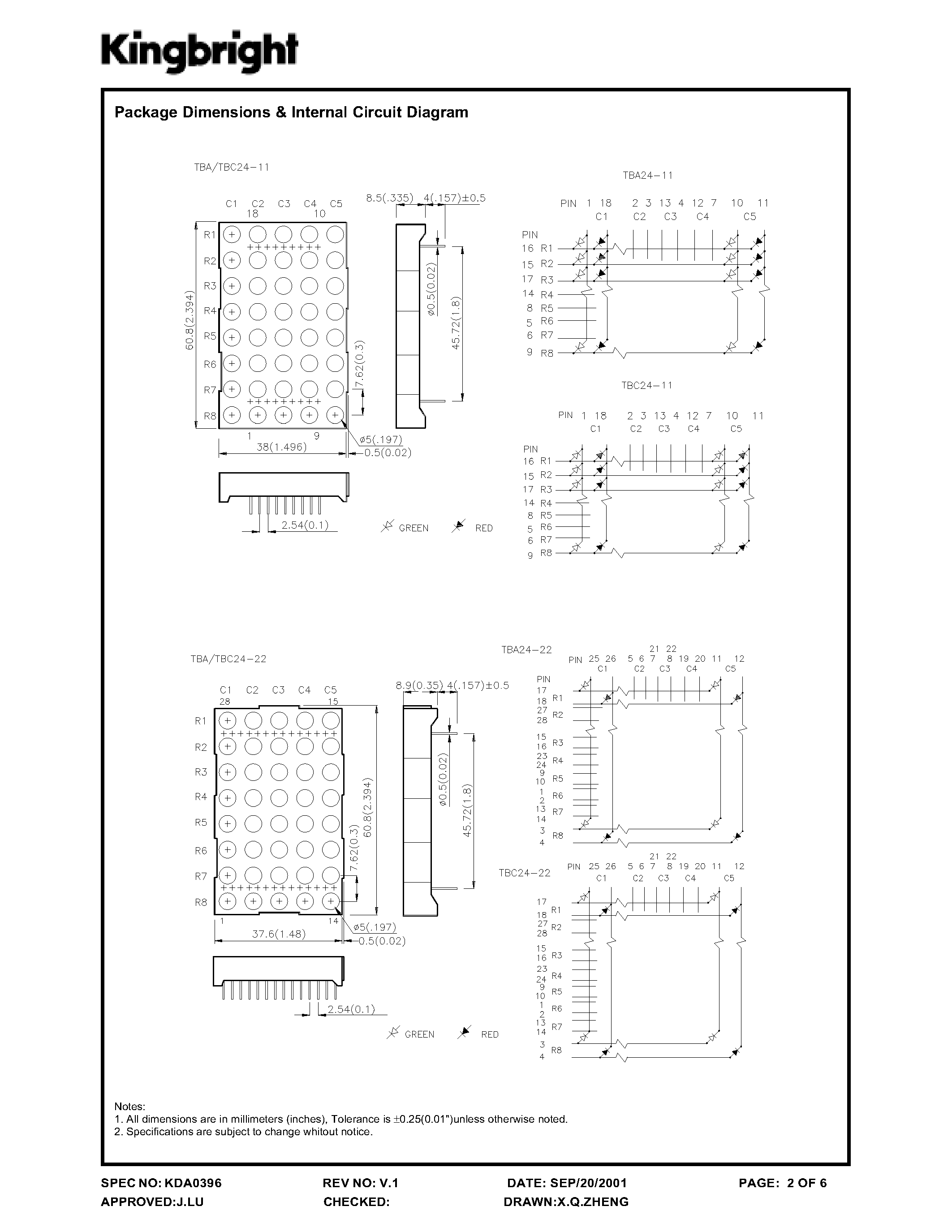 Даташит TA24-11 - 60.8 MM 5 X 8 DOT MATRIX DISPLAYS страница 2