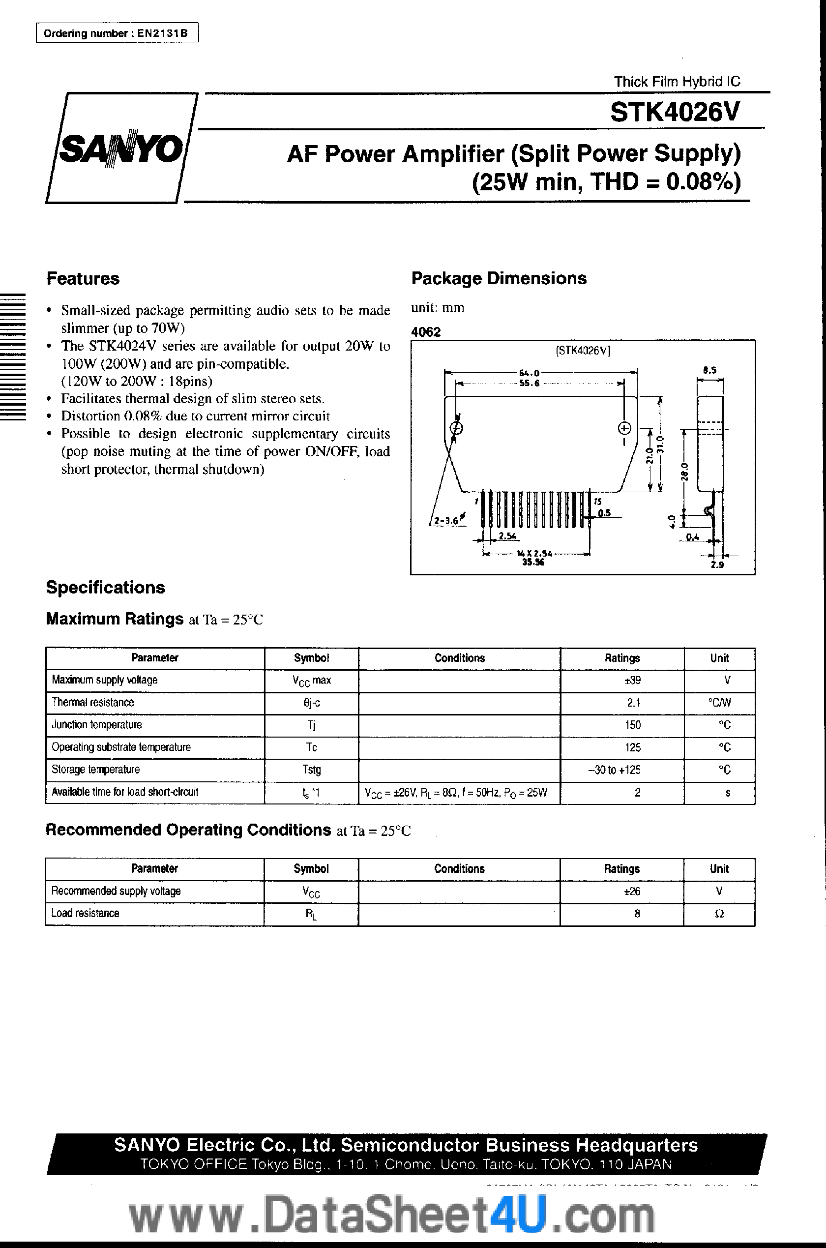 Datasheet STK4026V page 1 Datasheet STK4026V - AF Power Amplifier page 1