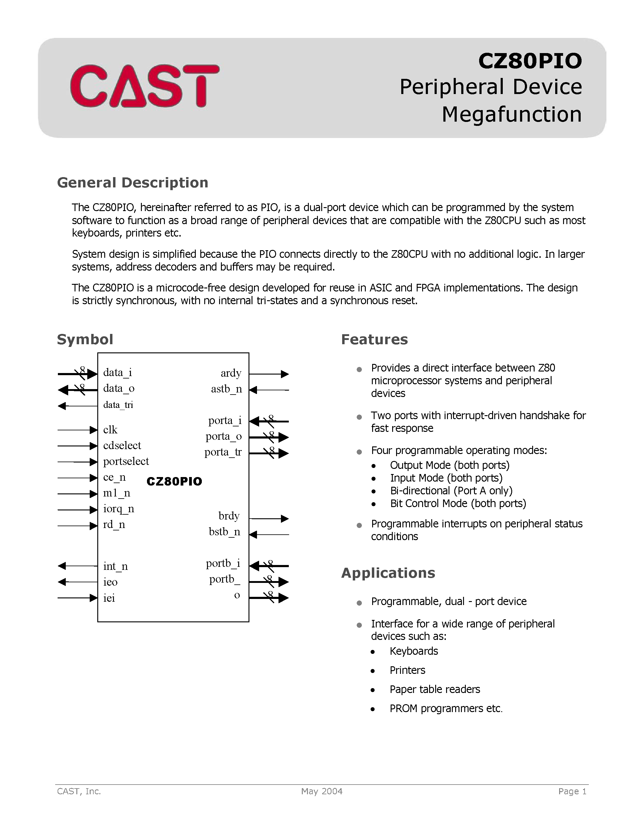 Datasheet CZ80PIO - Hereinafter Referred to As PIO is a Dual-Port Device page 1