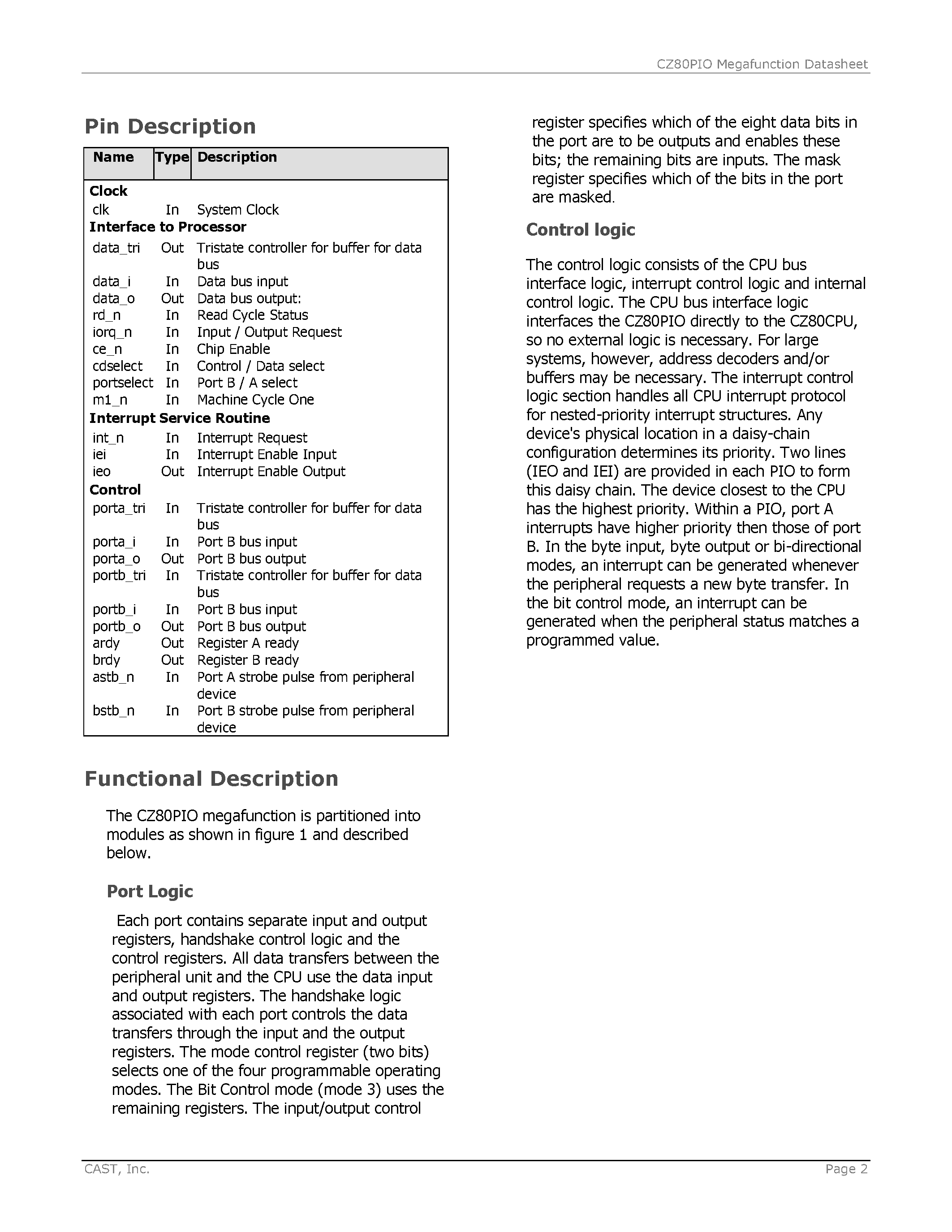 Datasheet CZ80PIO - Hereinafter Referred to As PIO is a Dual-Port Device page 2
