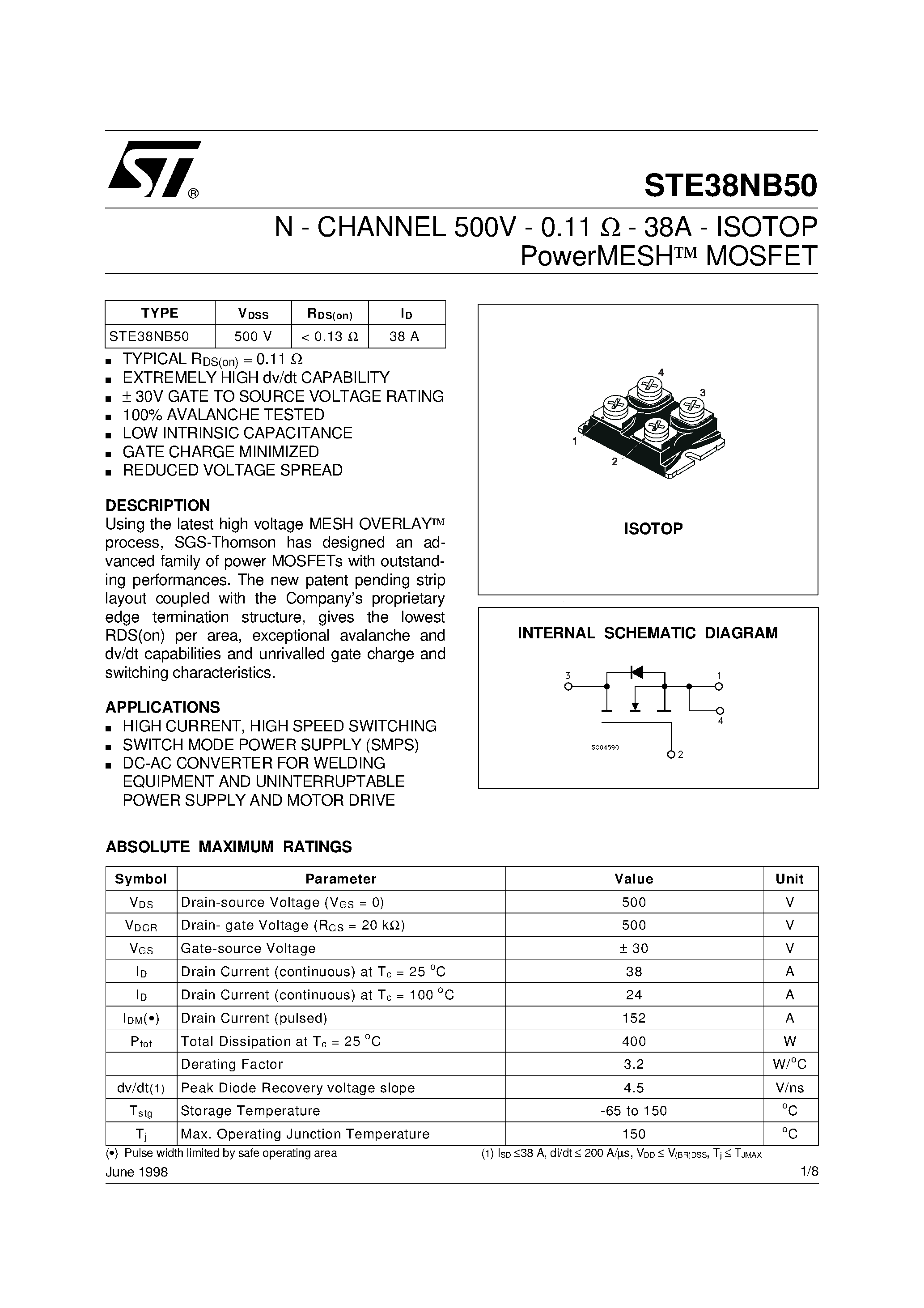 Даташит STE38NB50 - N - CHANNEL PowerMESH MOSFET страница 1