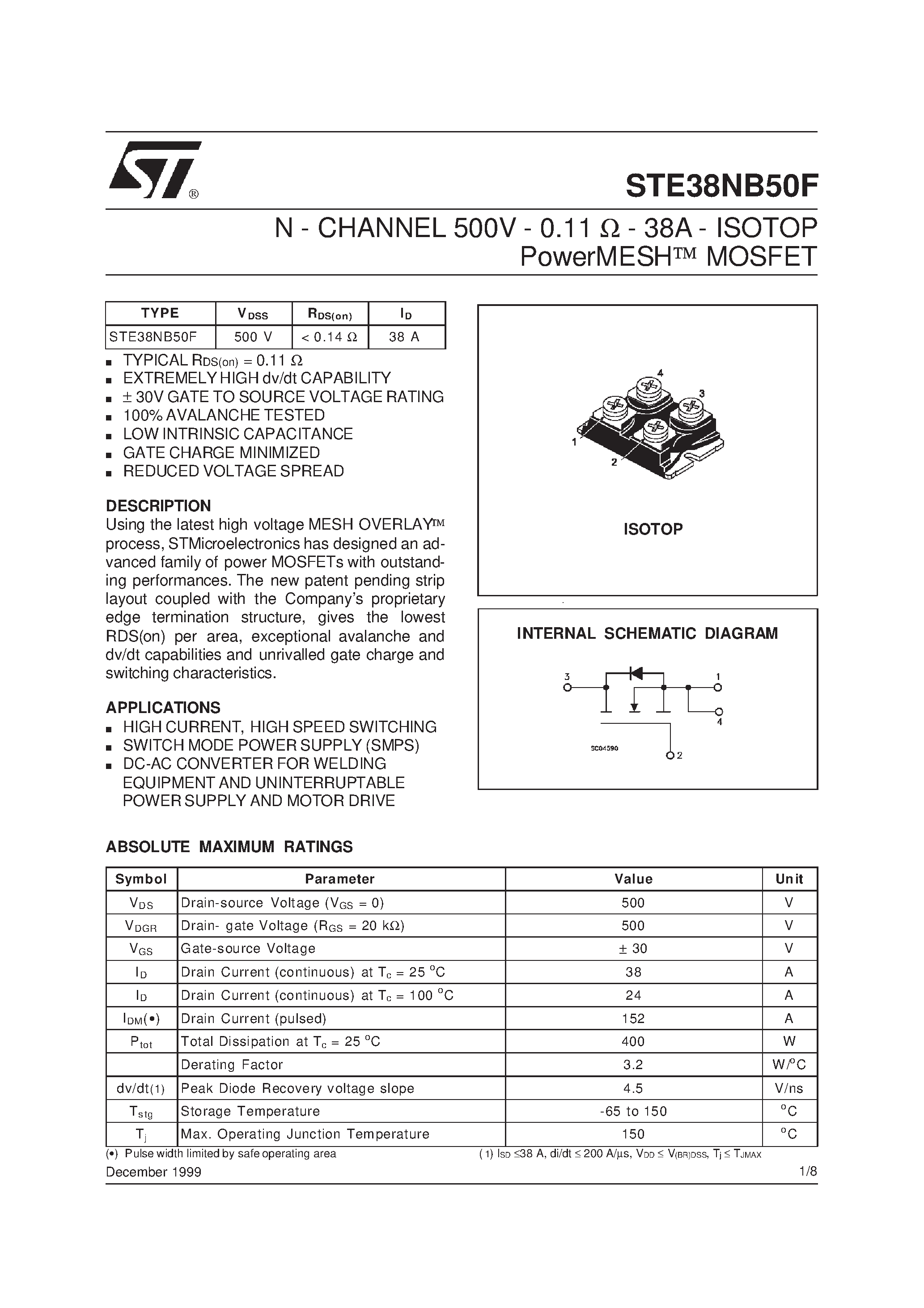 Datasheet STE38NB50F page 1 Datasheet STE38NB50F - N - CHANNEL PowerMESH MOSFET page 1