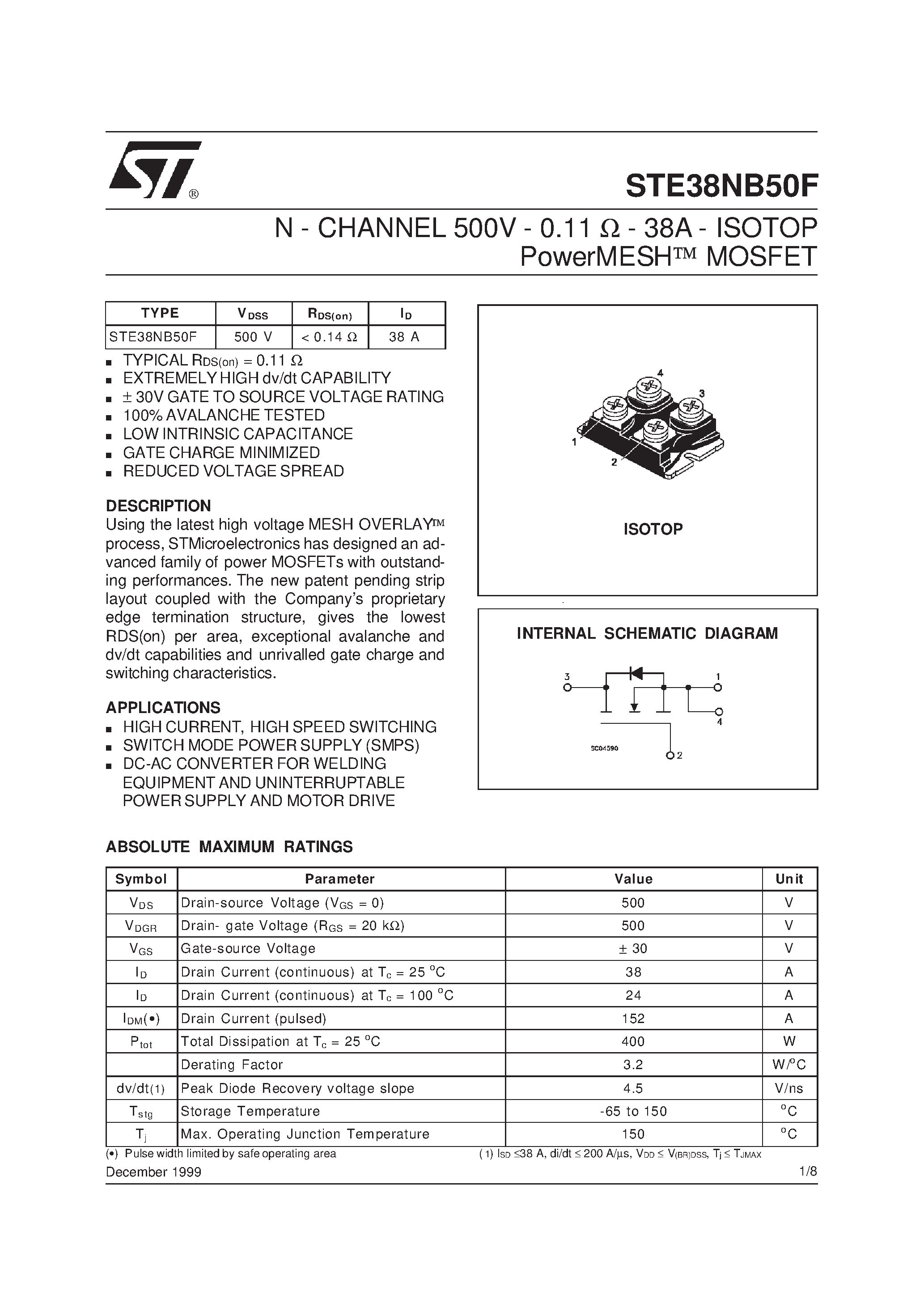 Даташит STE38NB50F - N - CHANNEL PowerMESH MOSFET страница 1