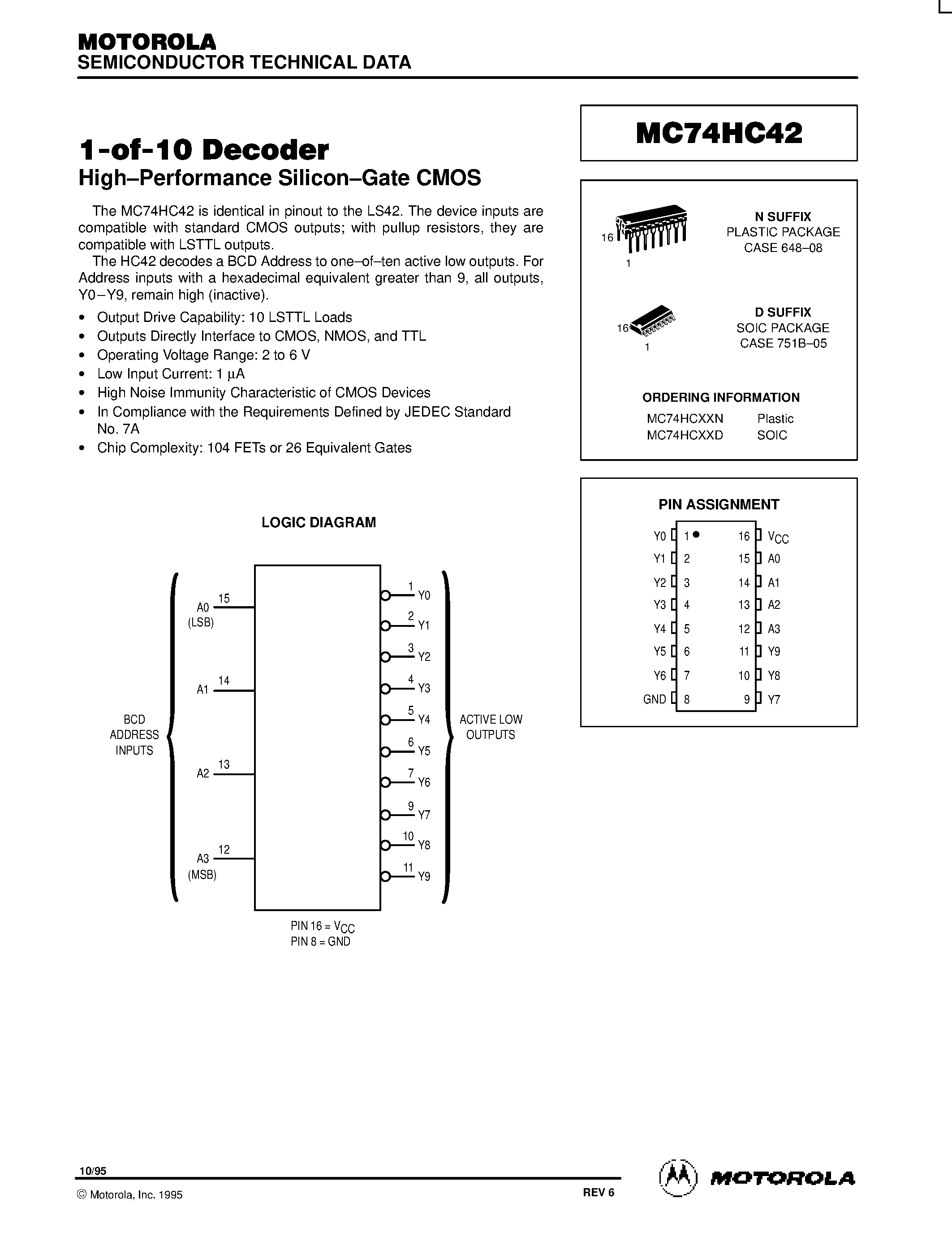 Даташит MC74HC42 - 1-of-10 Decoder страница 1