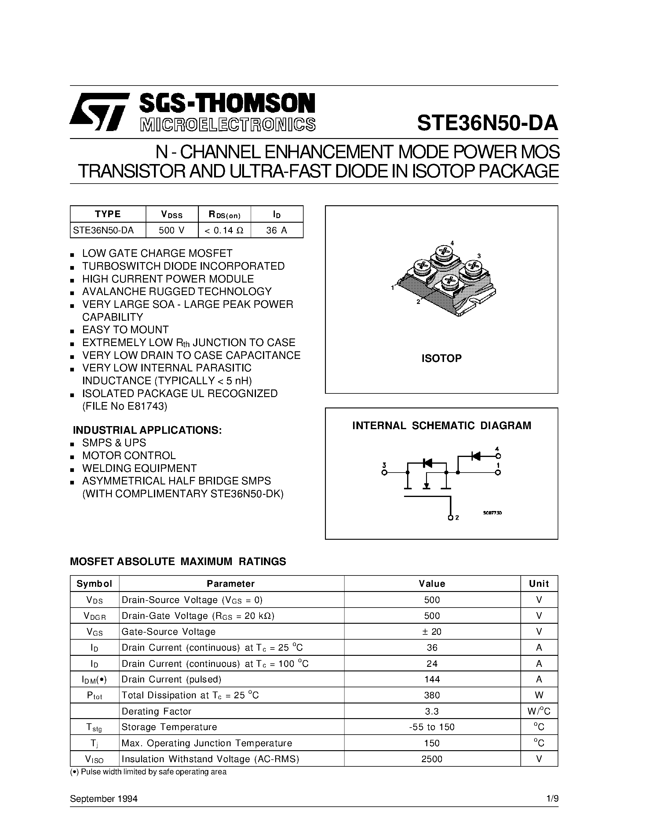 Datasheet STE36N50-DA page 1 Datasheet STE36N50-DA - N-Channel Enhancement Mode Power MOS Transistor and Ultra-Fast Diode in Isotop Package page 1
