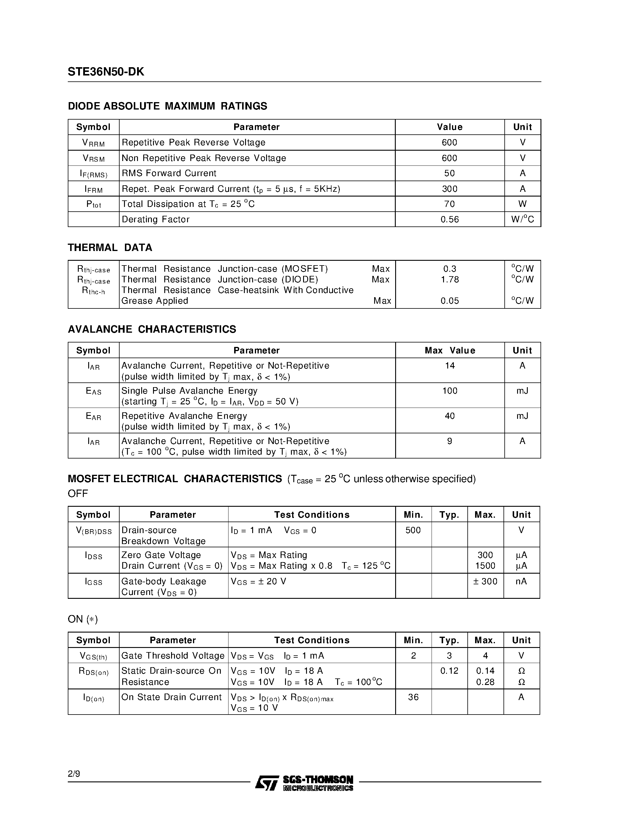 Datasheet STE36N50-DK page 2 Datasheet STE36N50-DK - N-Channel Enhancement Mode Power MOS Transistor and Ultra-Fast Diode in Isotop Package page 2