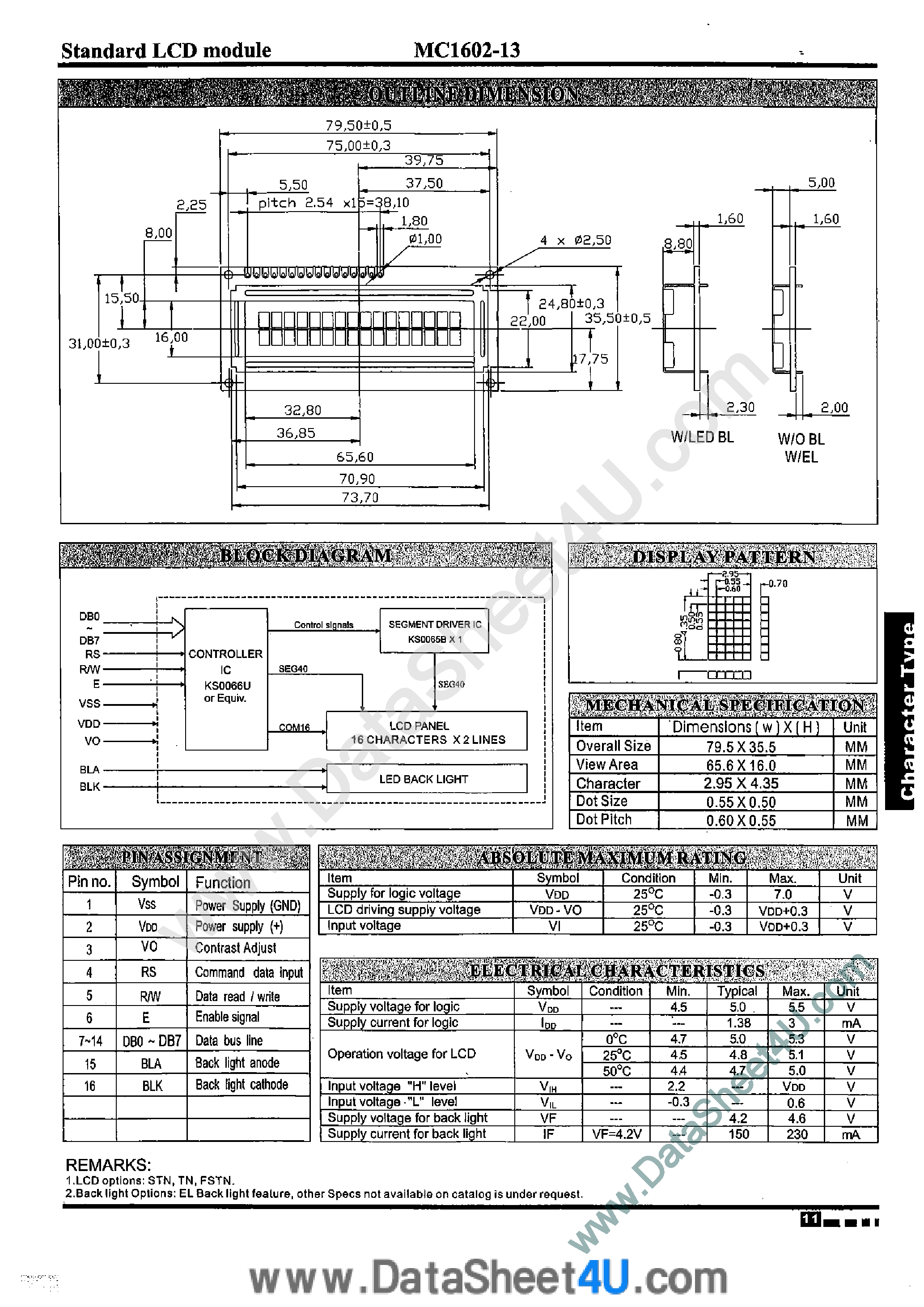 Даташит на микросхему MC1602-13 страница 1 Даташит MC1602-13 - Standard LCD Module страница 1