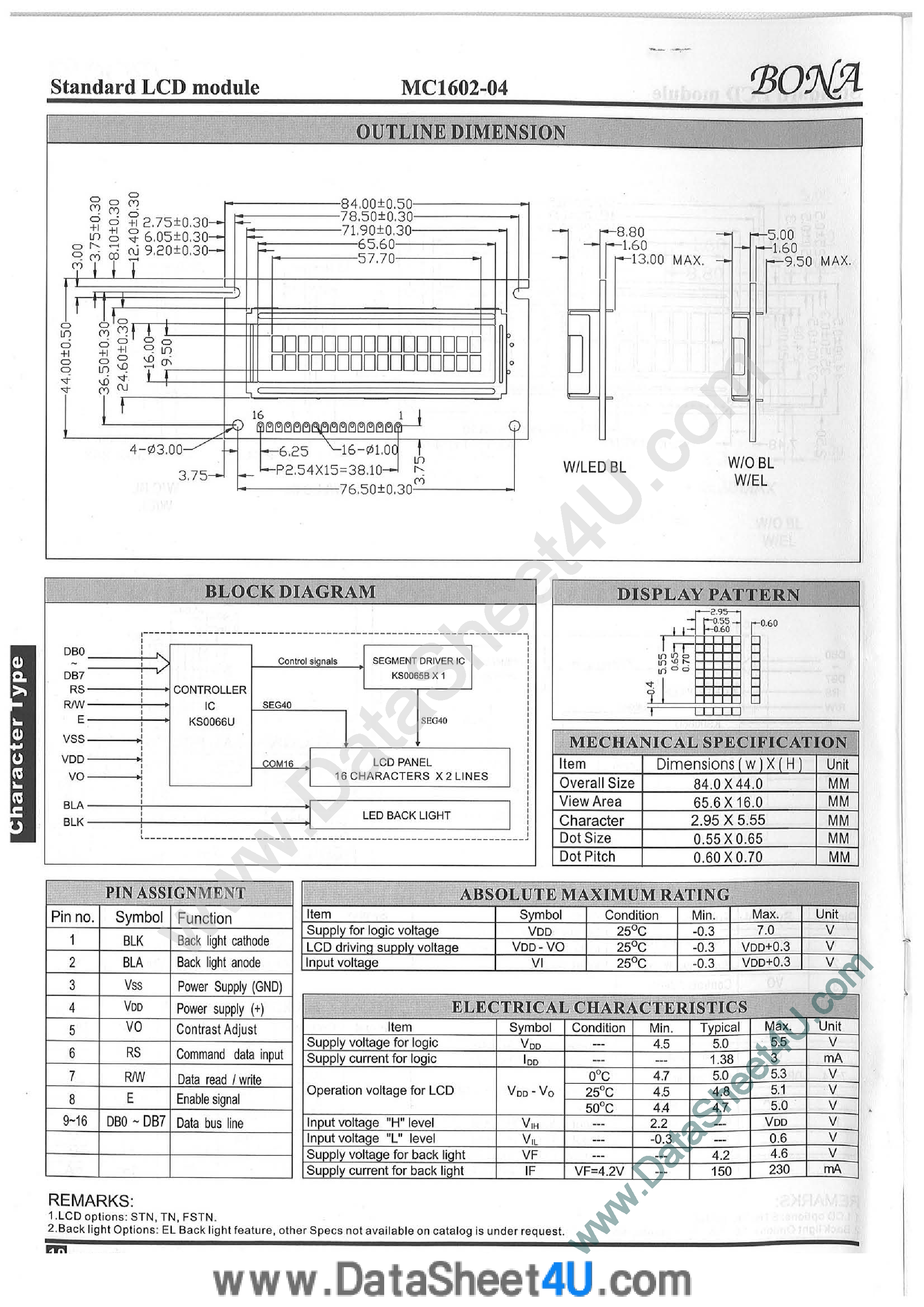 Даташит на микросхему MC1602-04 страница 1 Даташит MC1602-04 - Standard LCD Module страница 1