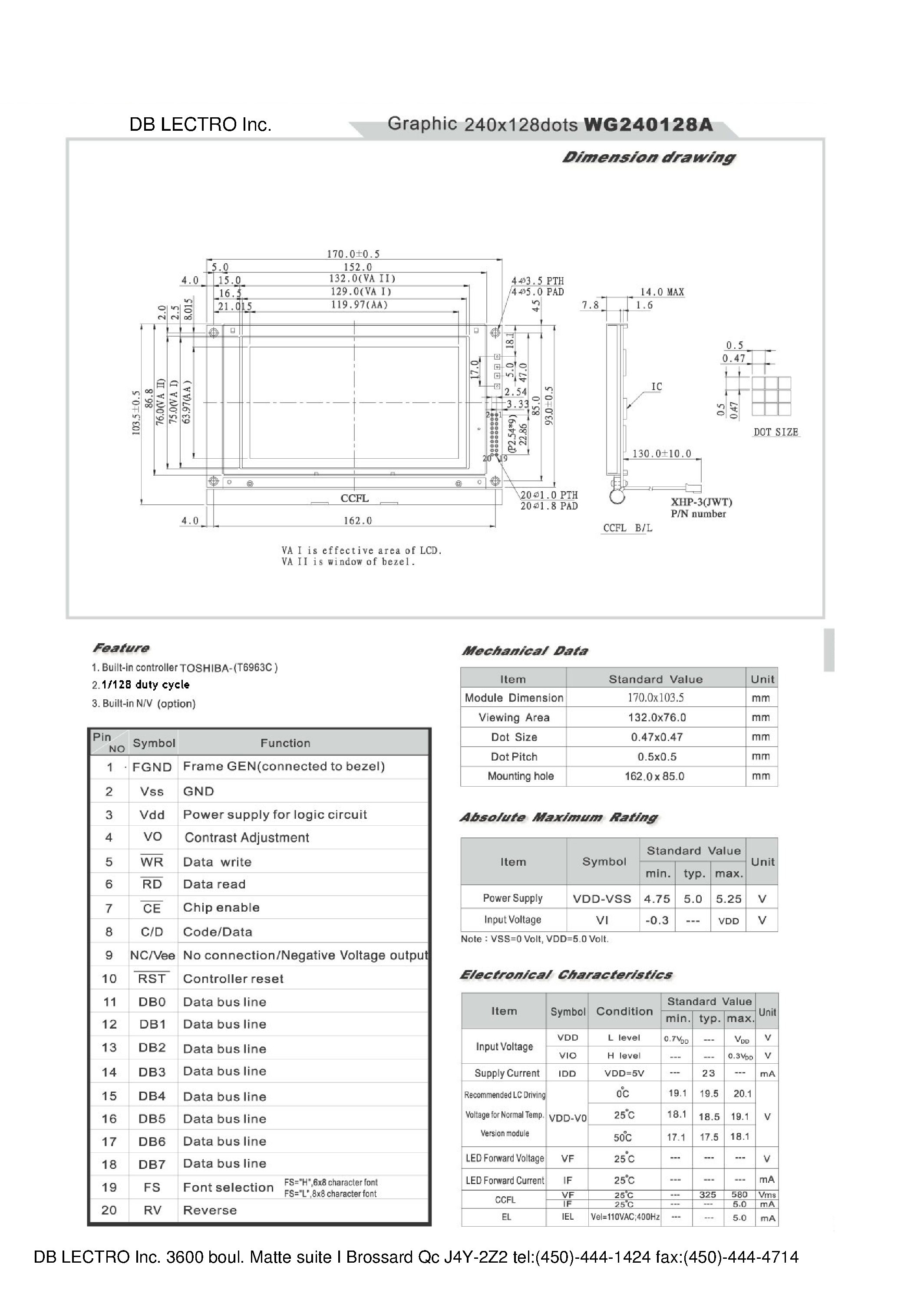 Datasheet WG240128A page 1 Datasheet WG240128A - LCD MODULE 240 X 128 DOTS GRAPHIC page 1
