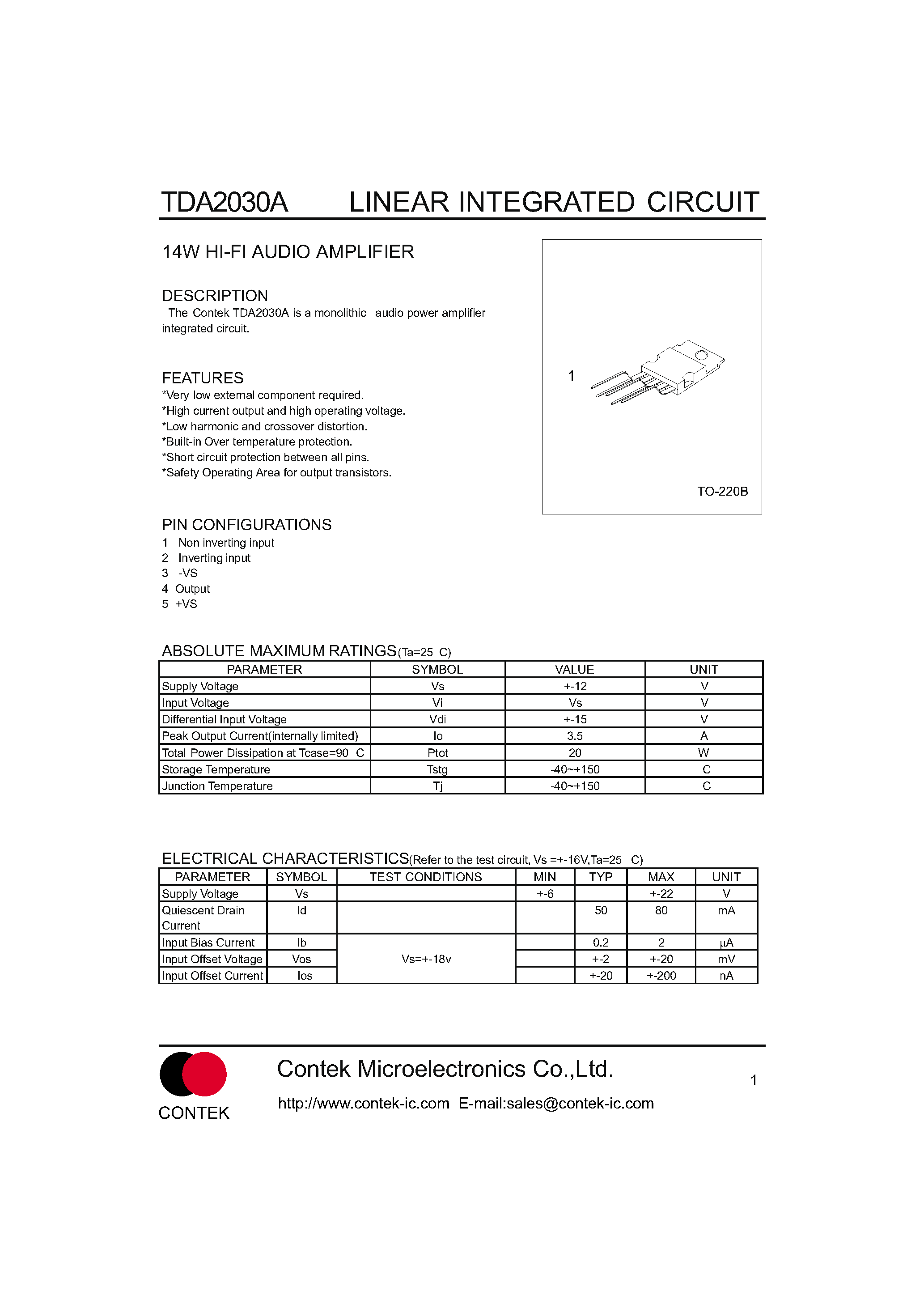 Datasheet TDA2030A page 1 Datasheet TDA2030A - 14W HI-FI AUDIO AMPLIFIER page 1