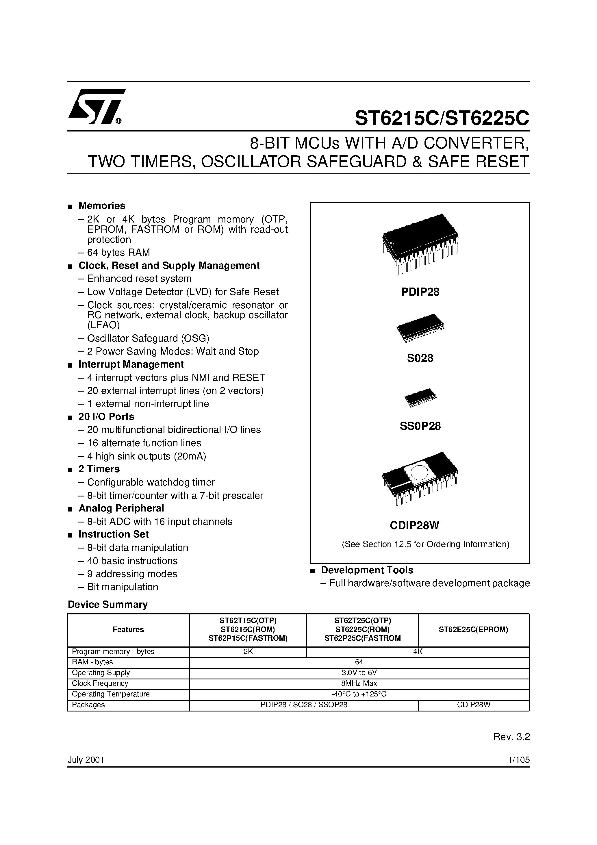 Даташит на микросхему ST6215C страница 1 Даташит ST6215C - (ST6215C / ST6225C) 8-BIT MCUs WITH A/D CONVERTER страница 1