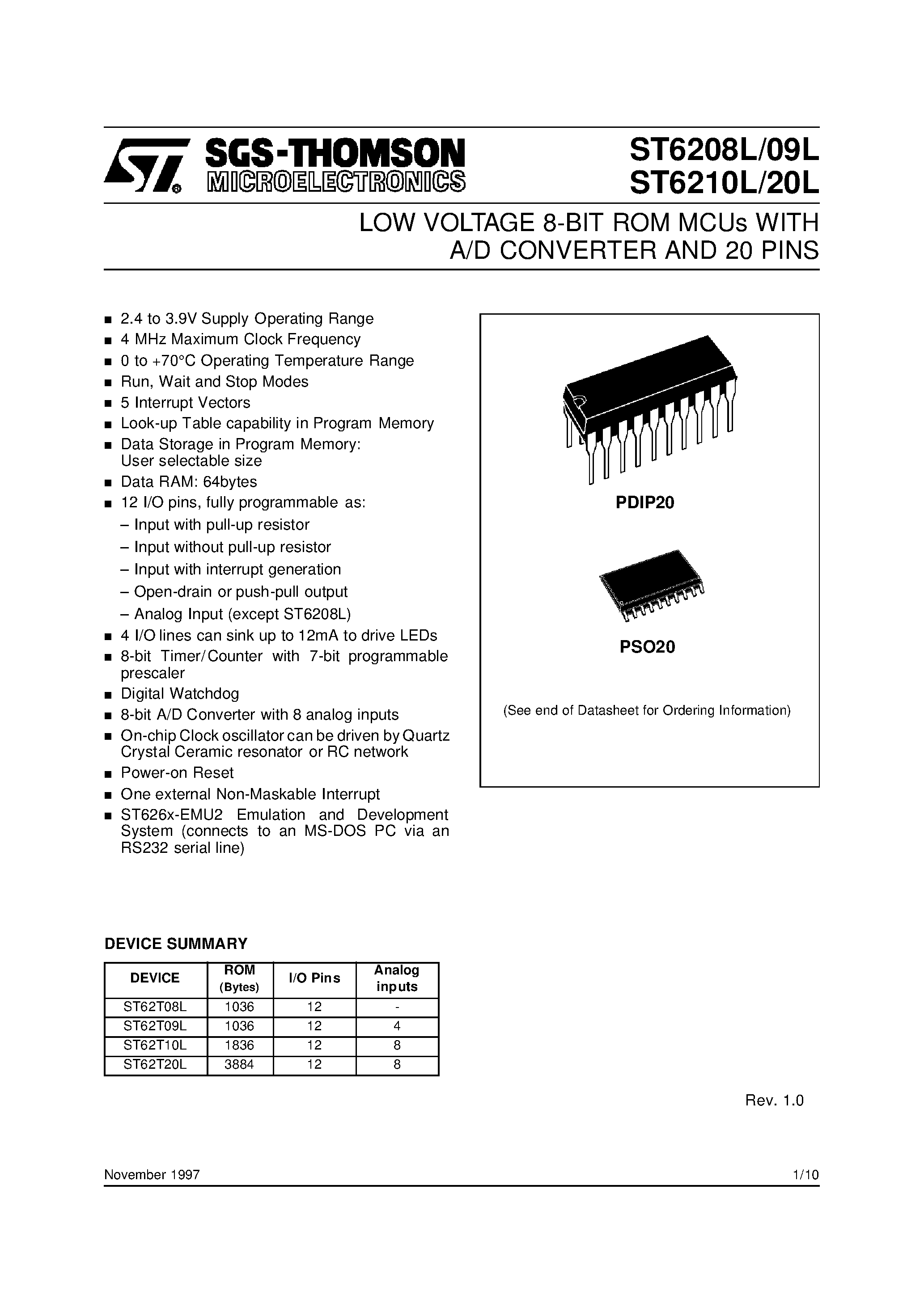 Даташит на микросхему ST6208L страница 1 Даташит ST6208L - (ST6208L - ST6220L) LOW VOLTAGE 8-BIT ROM MCUs WITH A/D CONVERTER AND 20 PINS страница 1
