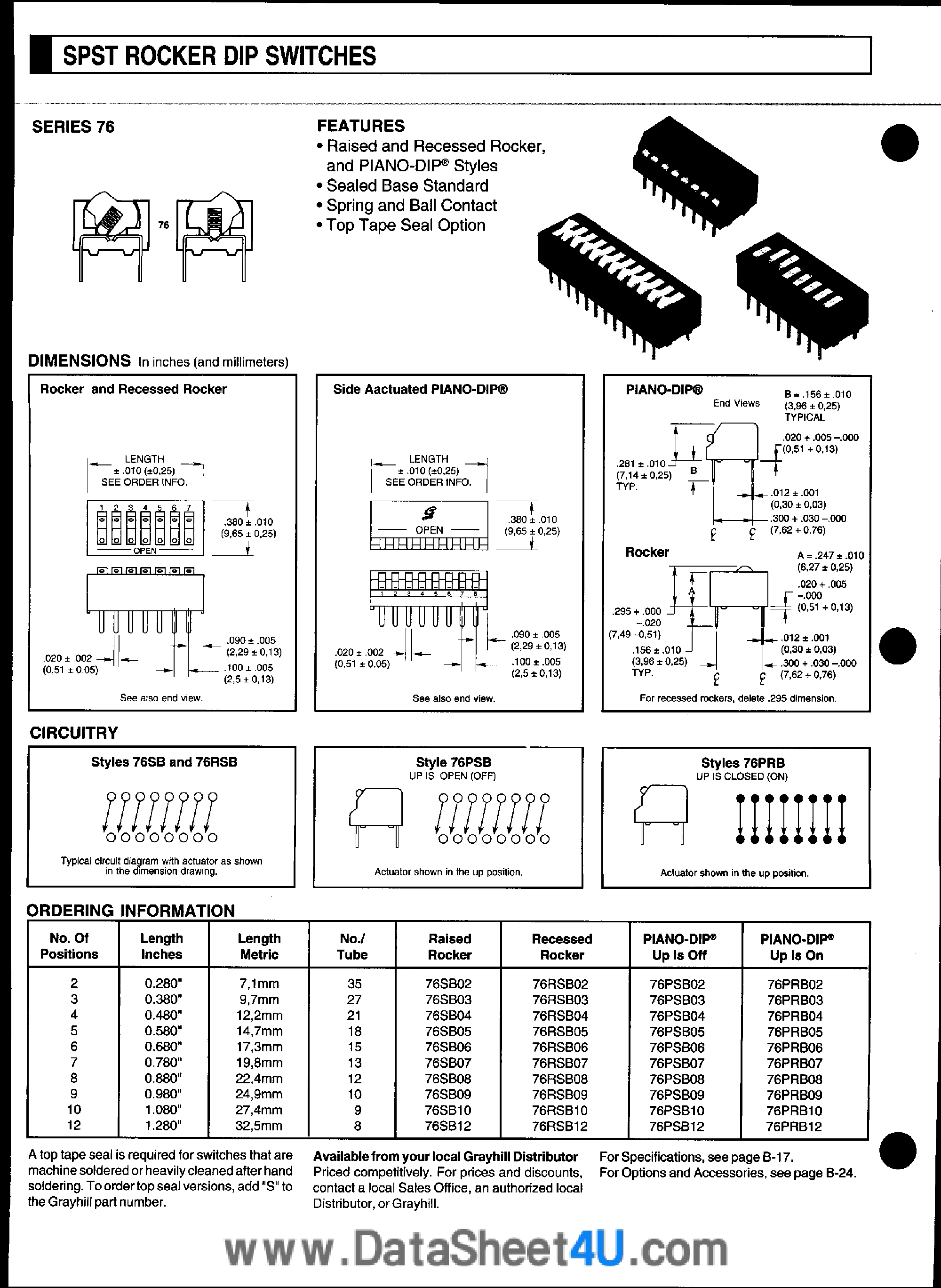 Datasheet 76PRB02 page 1 Datasheet 76PRB02 - (76PSBxx / 76PRBxx) Spst Rocker Dip Switches page 1