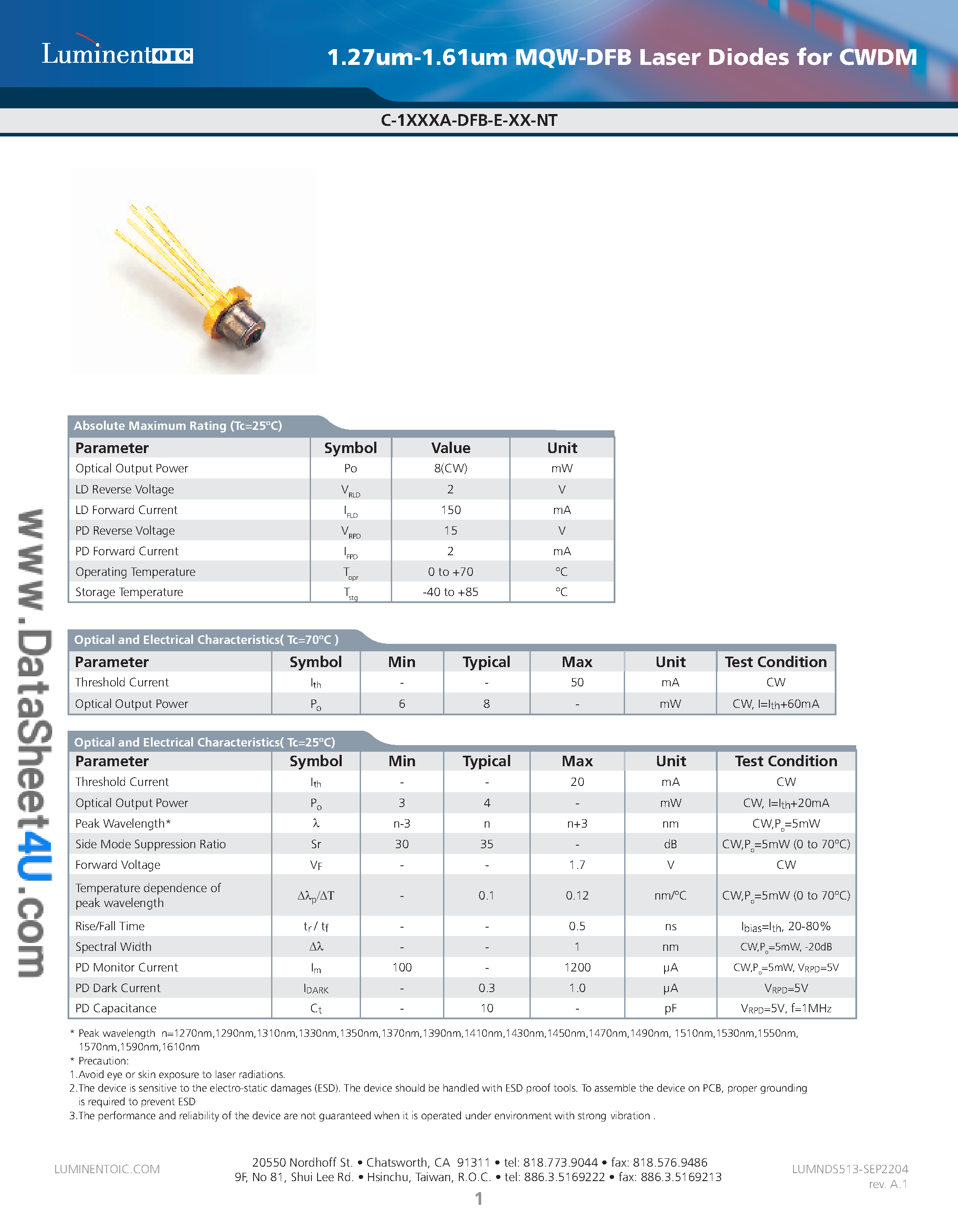 Datasheet C1510A-DFB page 1 Datasheet C1510A-DFB - Laser Diode page 1