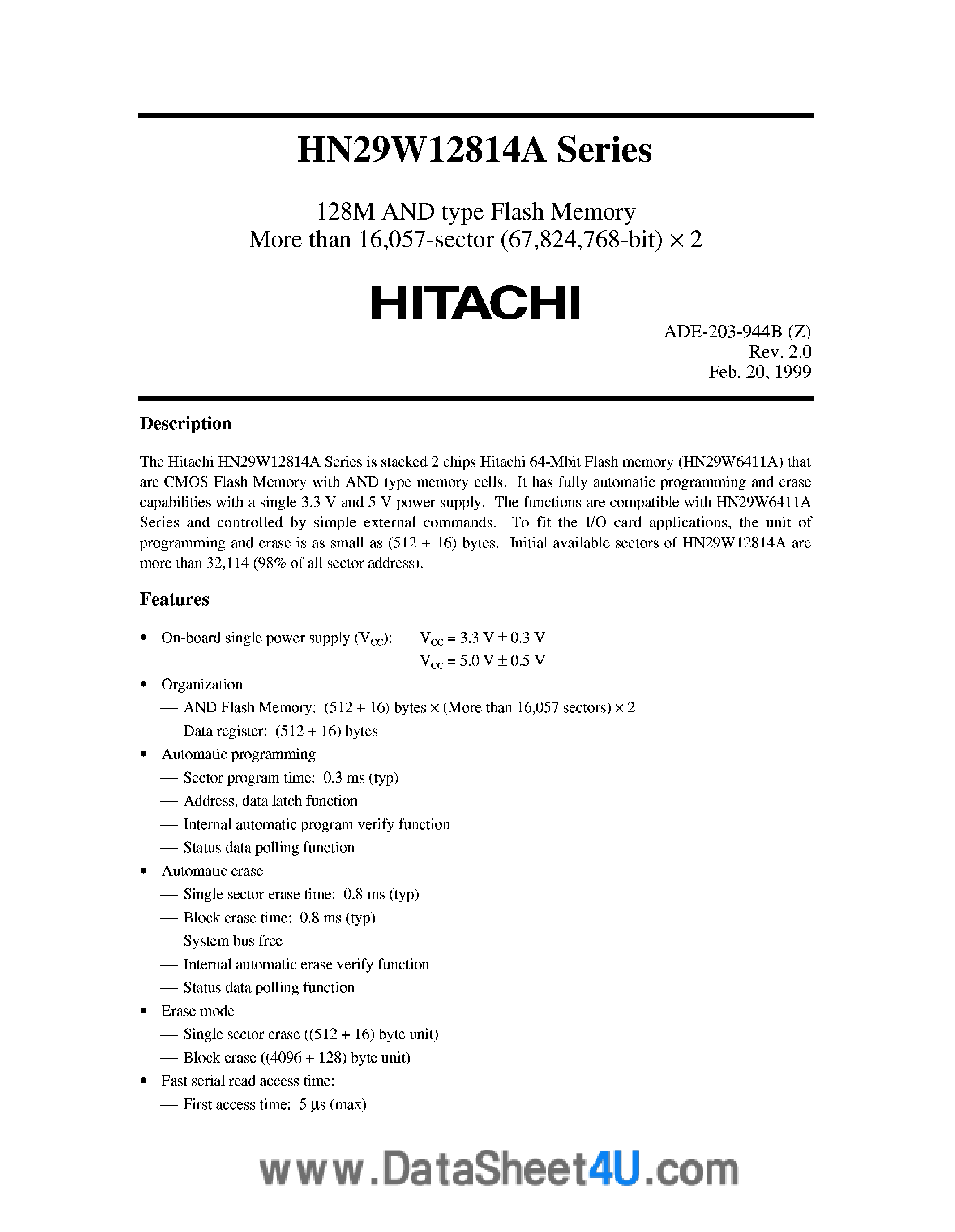Datasheet HN29W12814A - 128M and Type Flash Memory More than 16057 Sector X 2 page 1