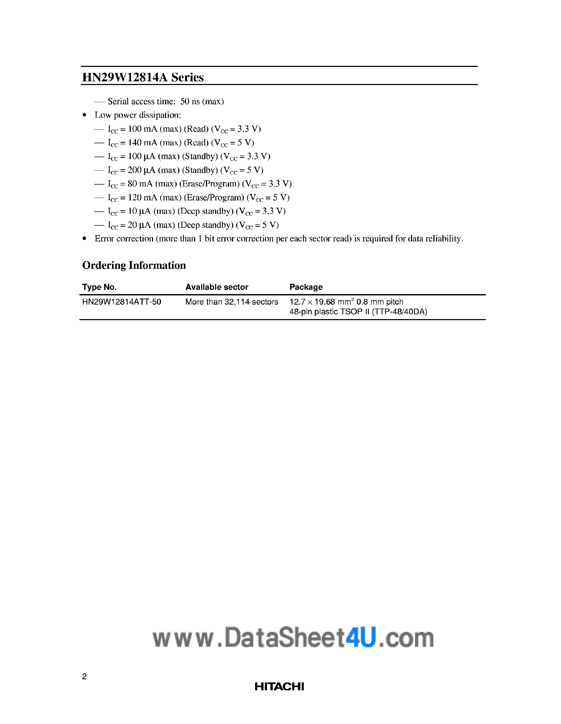 Datasheet HN29W12814A - 128M and Type Flash Memory More than 16057 Sector X 2 page 2