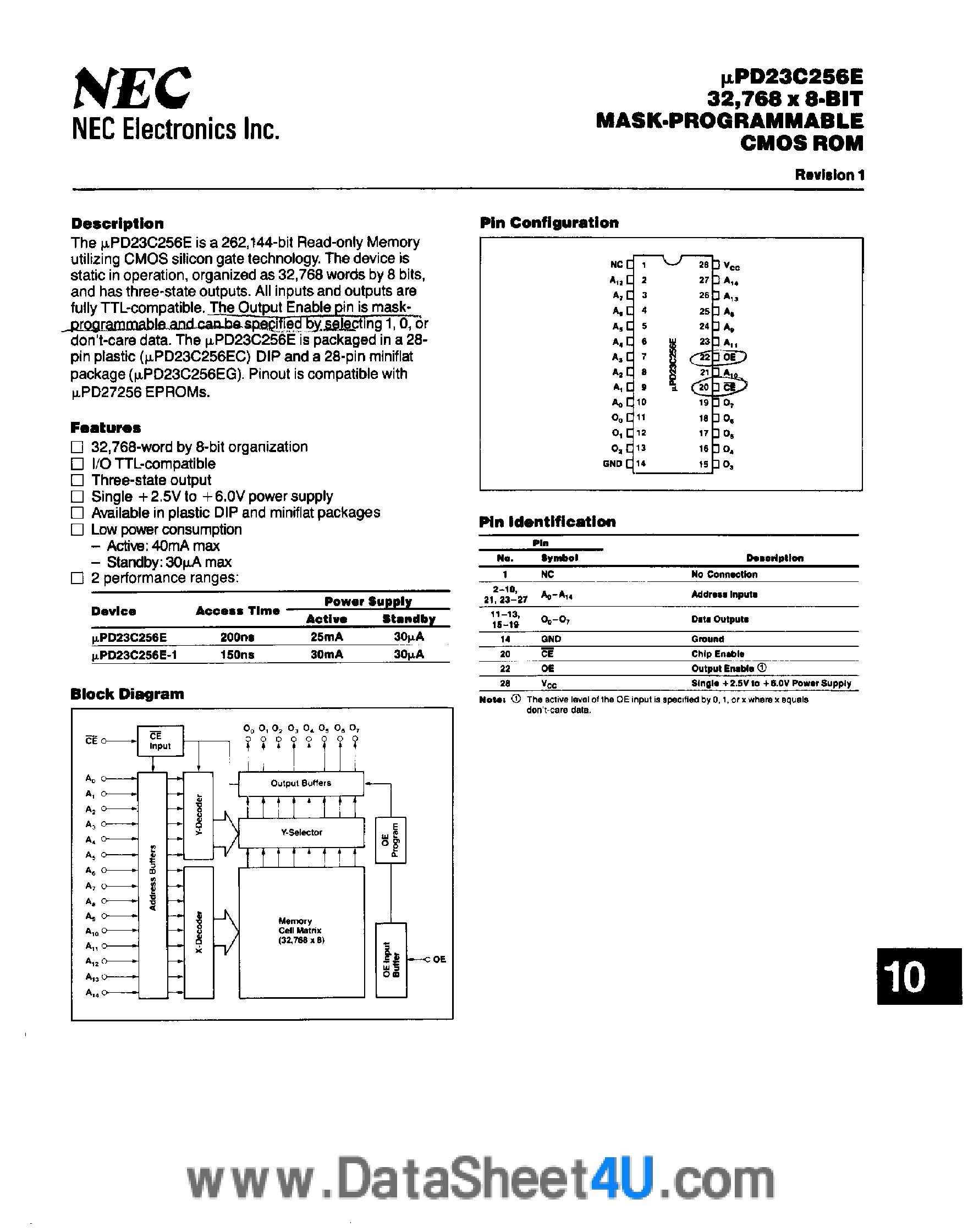 Даташит UPD23C256E - 32768 x 8-Bit Mask-Programmable CMOS ROM страница 1