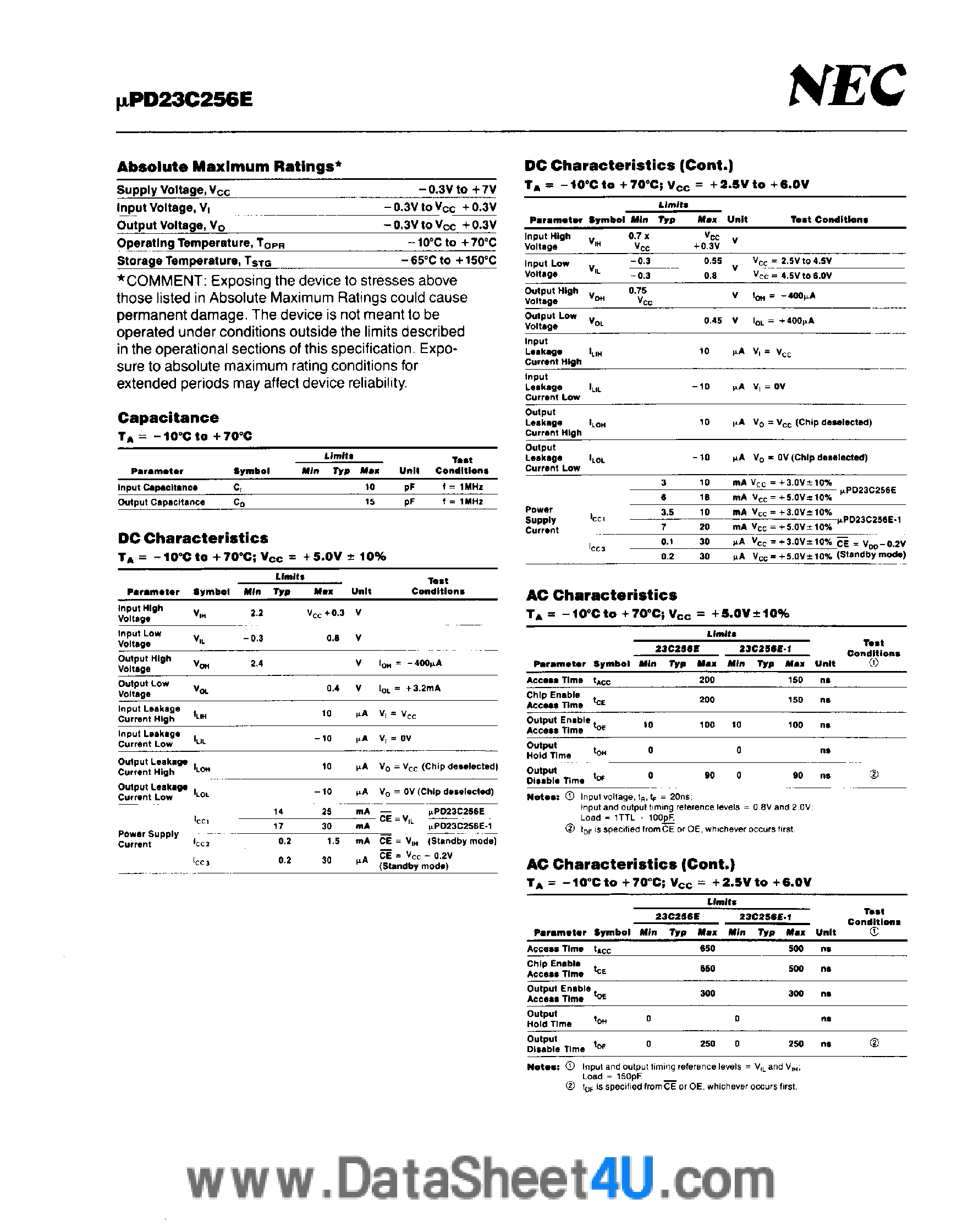 Даташит UPD23C256E - 32768 x 8-Bit Mask-Programmable CMOS ROM страница 2