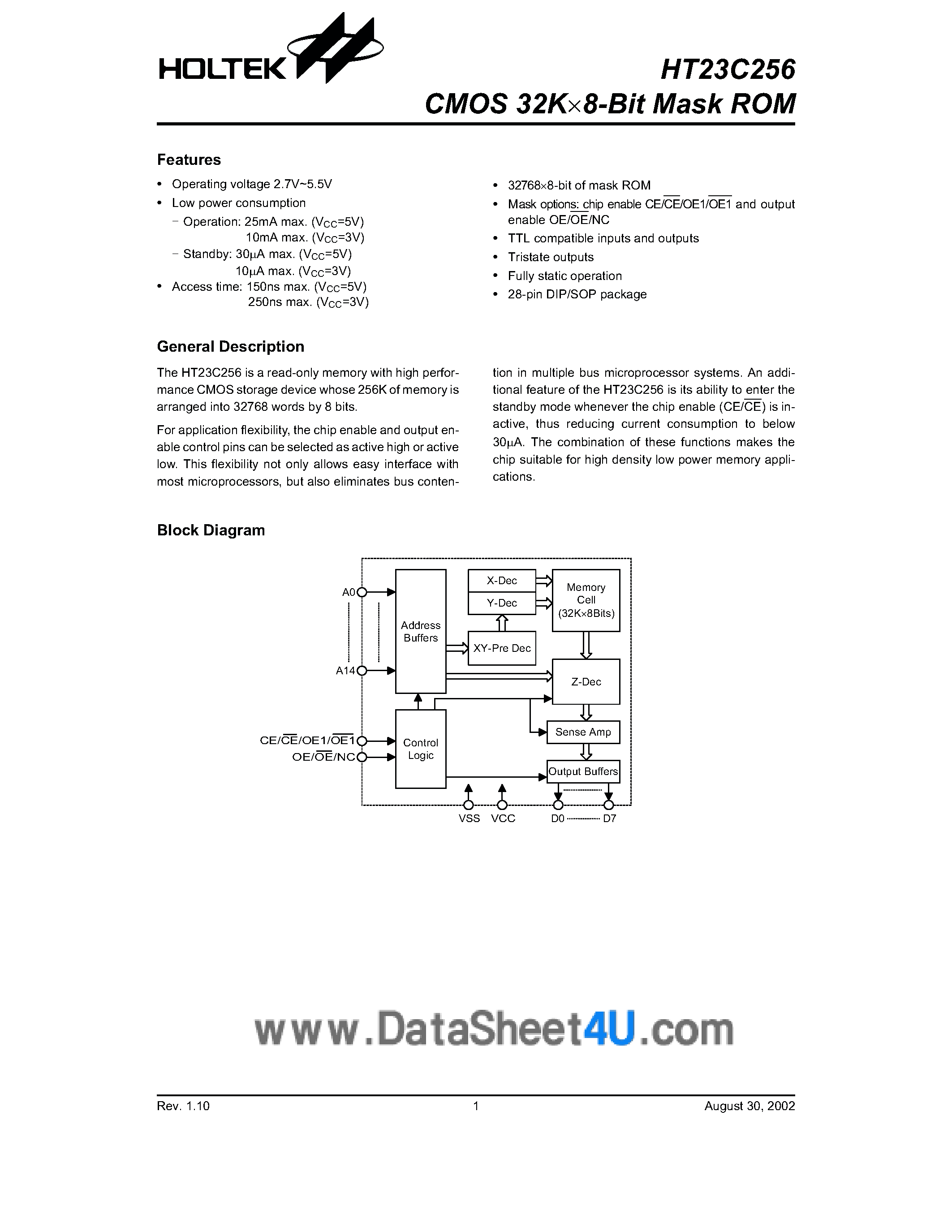 Даташит HT23C256 - CMOS 32K x 8-Bit Mask ROM страница 1