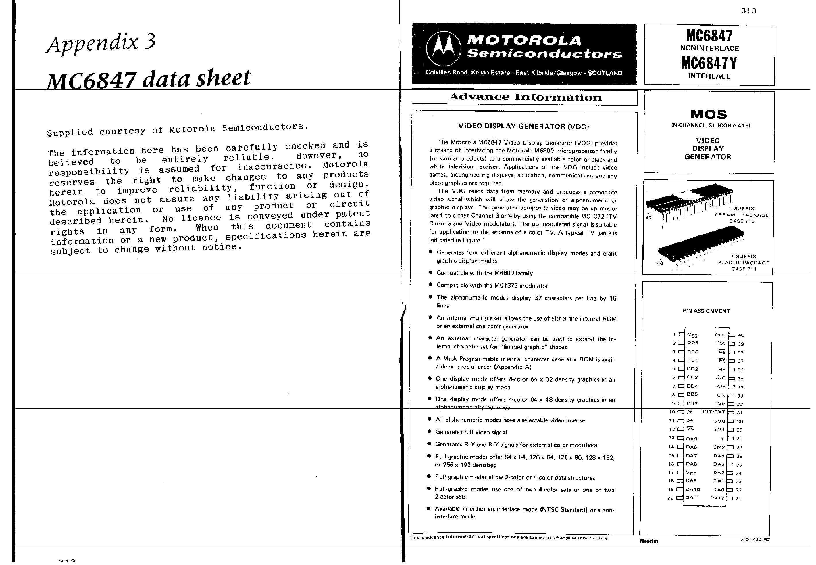 Datasheet MC6847 - VIDEO DISPLAY GENERATOR (VDG) page 1