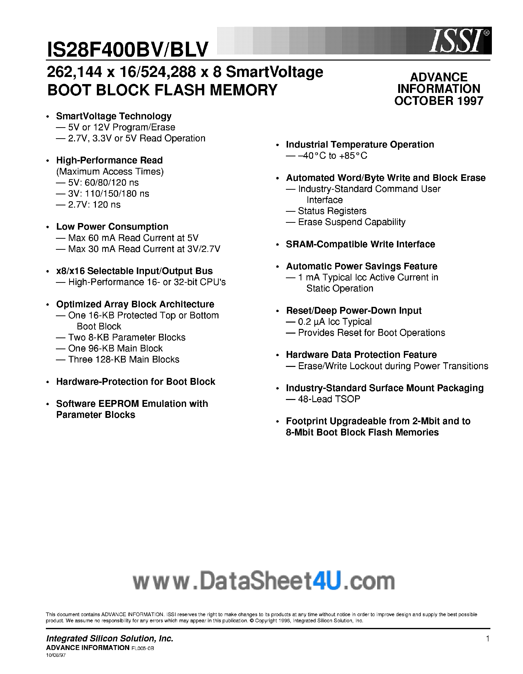 Datasheet IS28F400BLV - 256K X 16 / 512K X 8 CMOS page 1