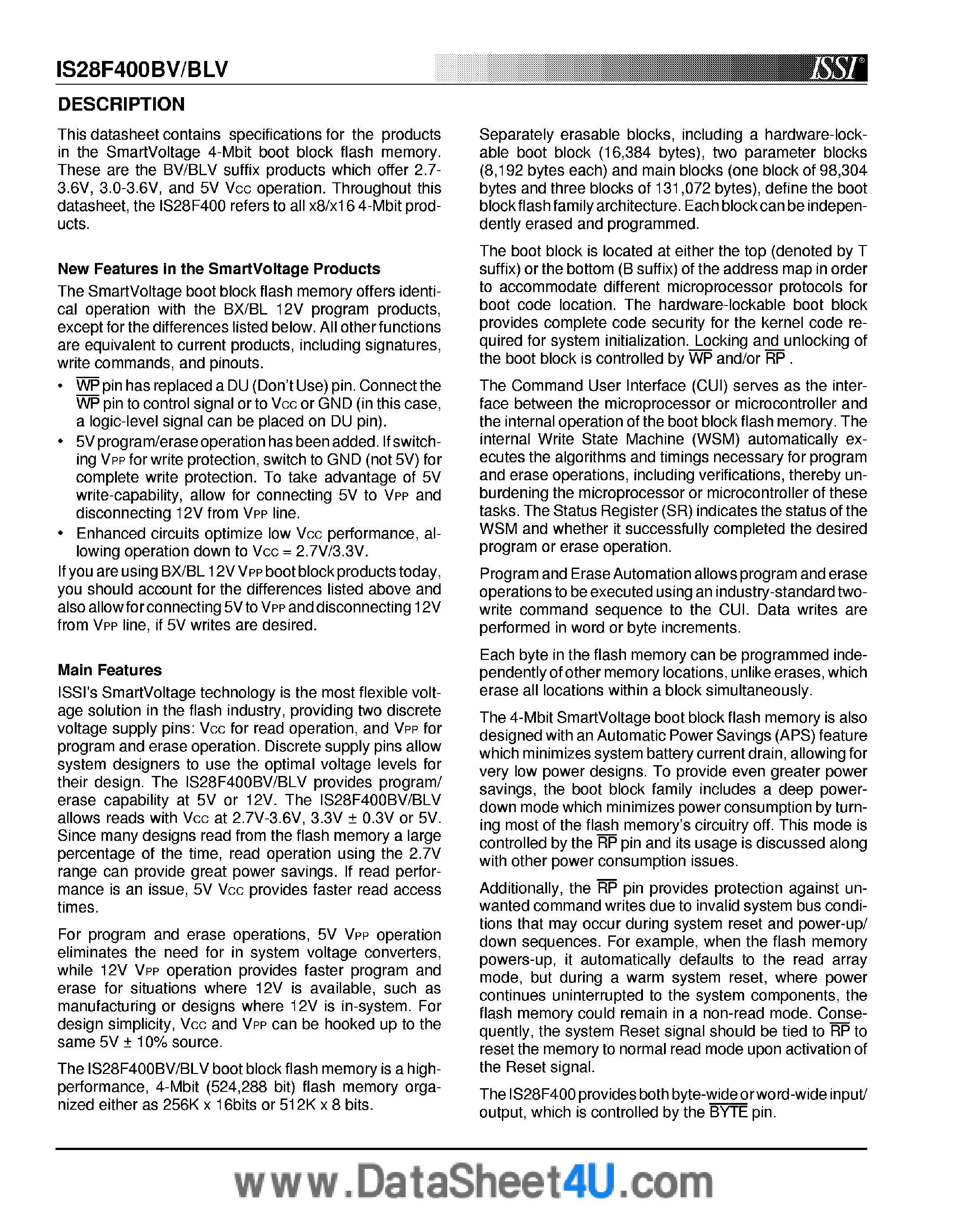 Datasheet IS28F400BLV - 256K X 16 / 512K X 8 CMOS page 2