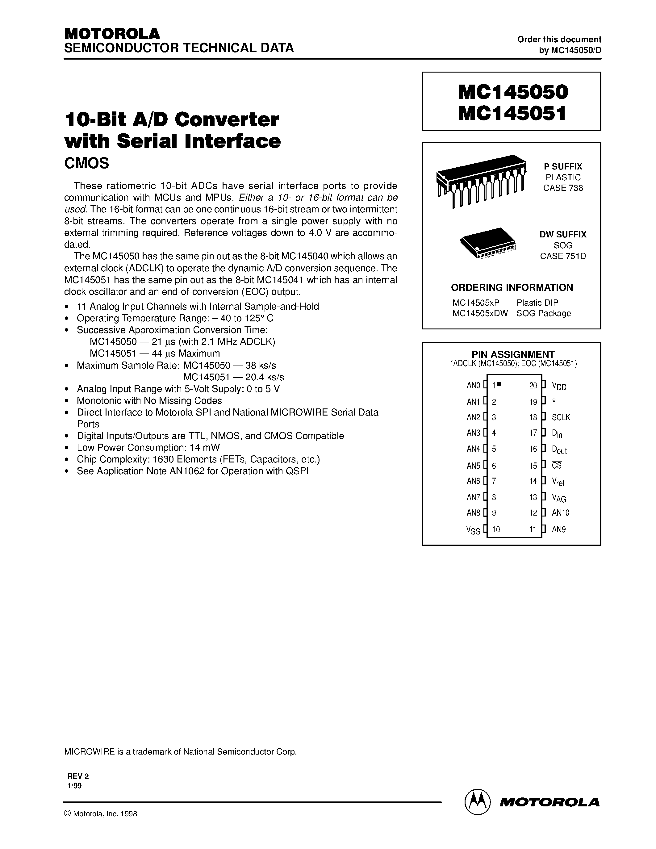 Datasheet MC145050 - (MC145050 / MC145051) 10-Bit A/D Converter with Serial Interface page 1