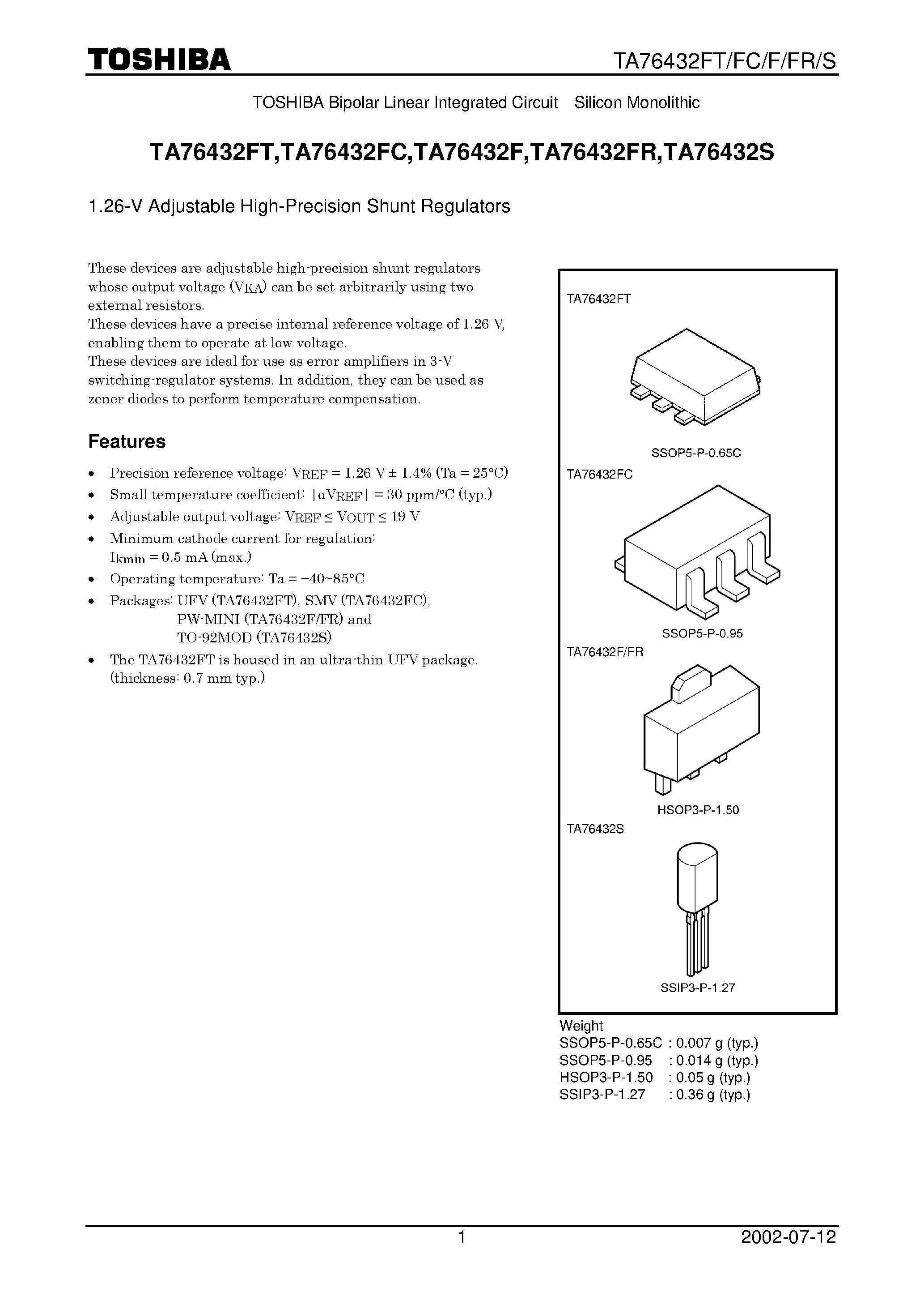 Даташит TA76432F - (TA76432xx) 1.26-V Adjustable High-Precision Shunt Regulators страница 1