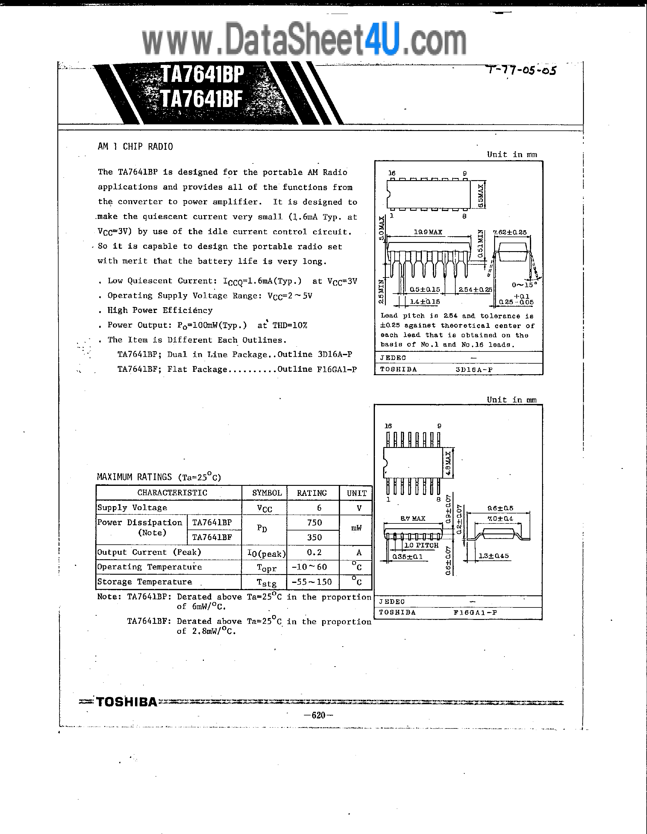 Datasheet TA7641BF - AM 1 CHIP RADIO page 1